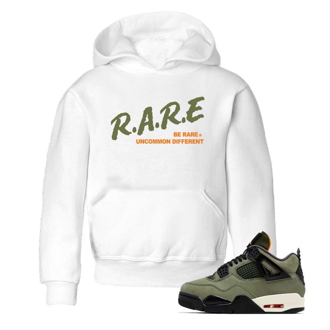 Sneaker match tees – Sneaker Tees To Match Undefeated inspired colorways Air Jordan 4 OG Olive Shoes  – Be Rare Uncommon Different Kids T-Shirt White 1