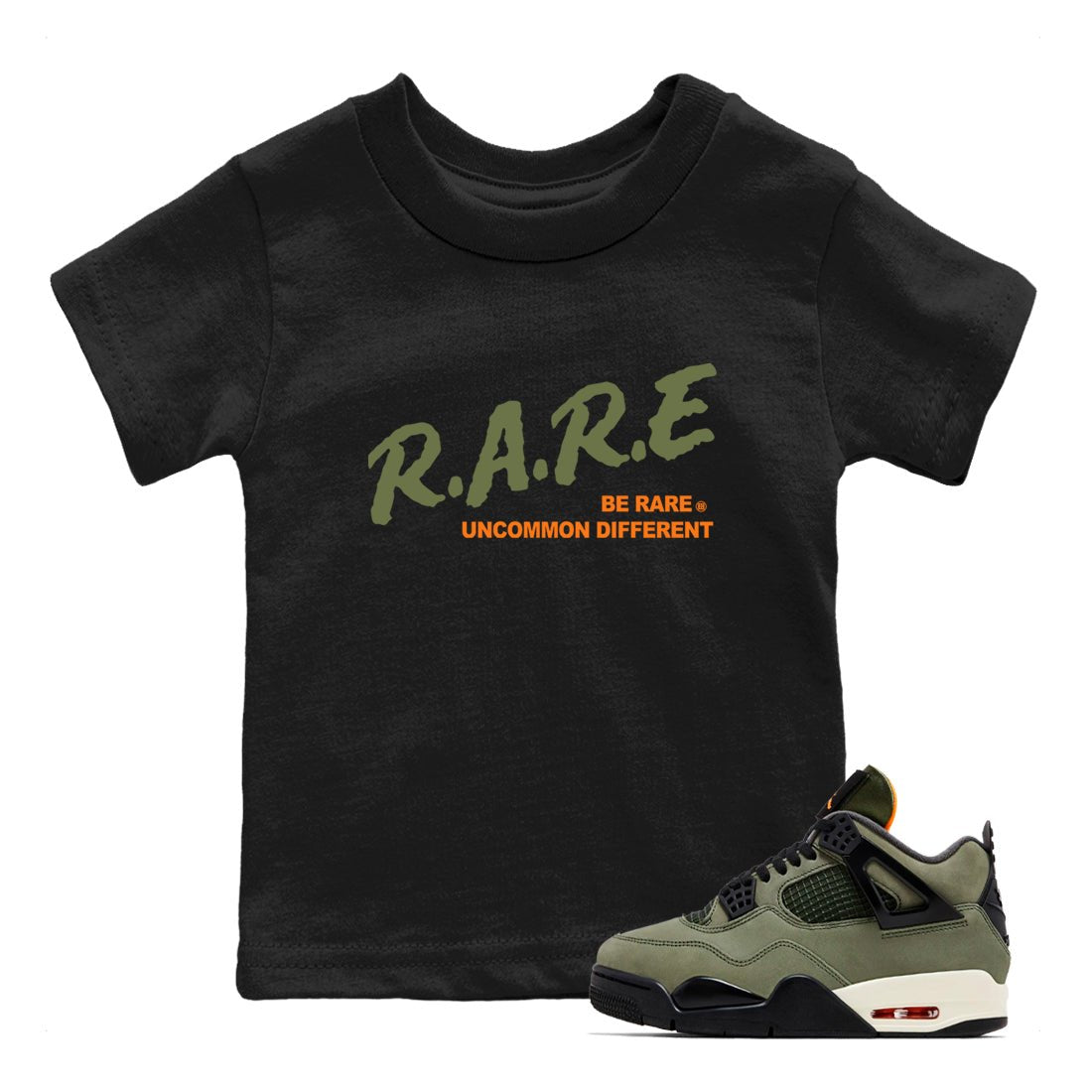 Sneaker match tees – Sneaker Tees To Match Undefeated inspired colorways Air Jordan 4 OG Olive Shoes  – Be Rare Uncommon Different Kids T-Shirt Black 1