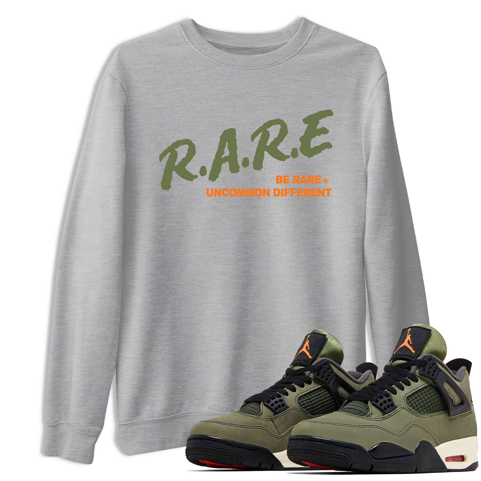 Sneaker match tees – Sneaker Tees To Match Undefeated inspired colorways Air Jordan 4 OG Olive Shoes  – Be Rare Uncommon Different Tee Heather Grey 1