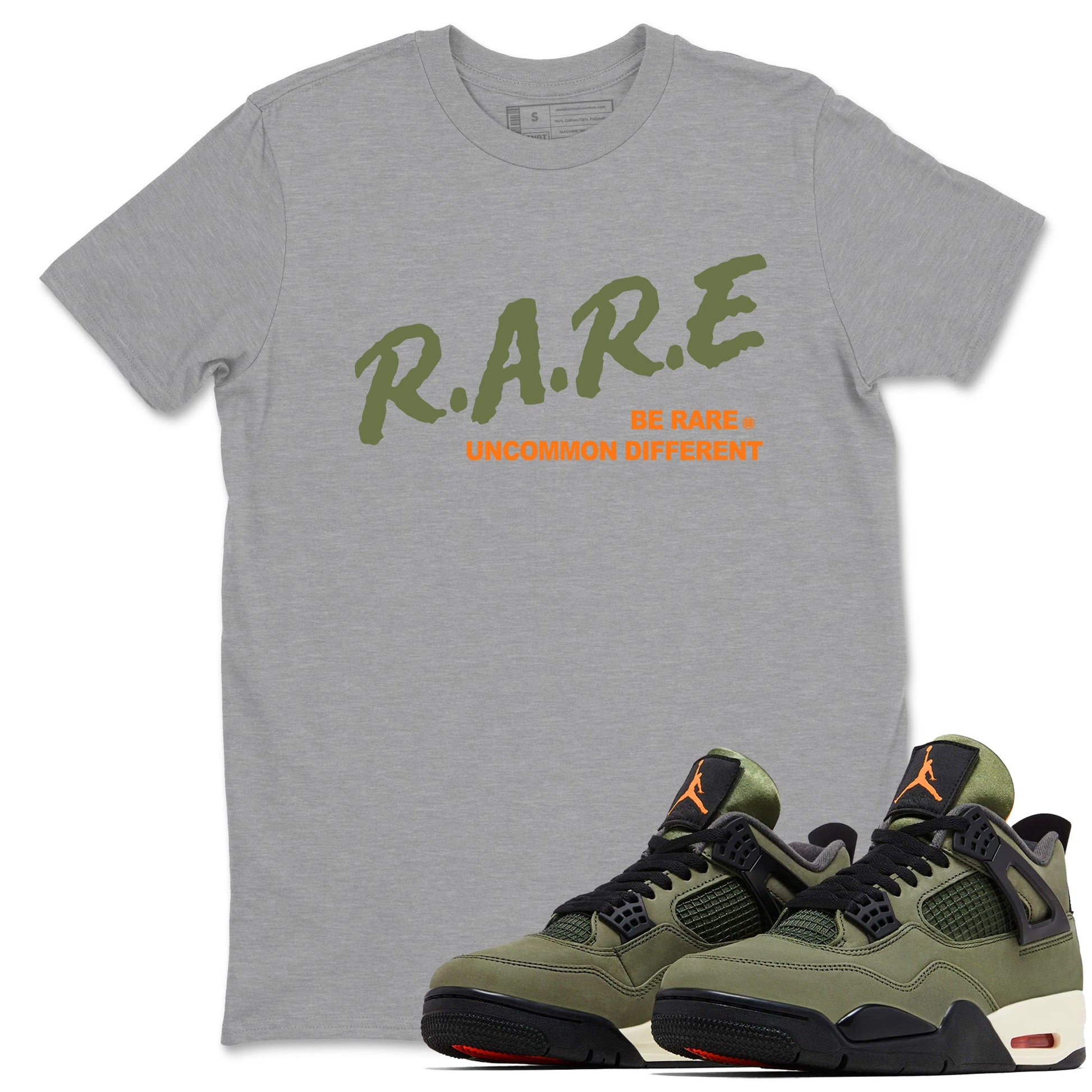 Sneaker match tees – Sneaker Tees To Match Undefeated inspired colorways Air Jordan 4 OG Olive Shoes  – Be Rare Uncommon Different Tee Heather Grey 1