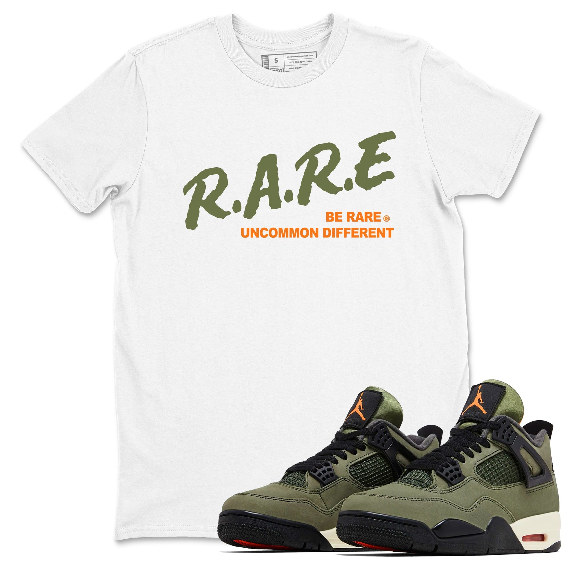 Sneaker match tees – Sneaker Tees To Match Undefeated inspired colorways Air Jordan 4 OG Olive Shoes  – Be Rare Uncommon Different Tee White 1