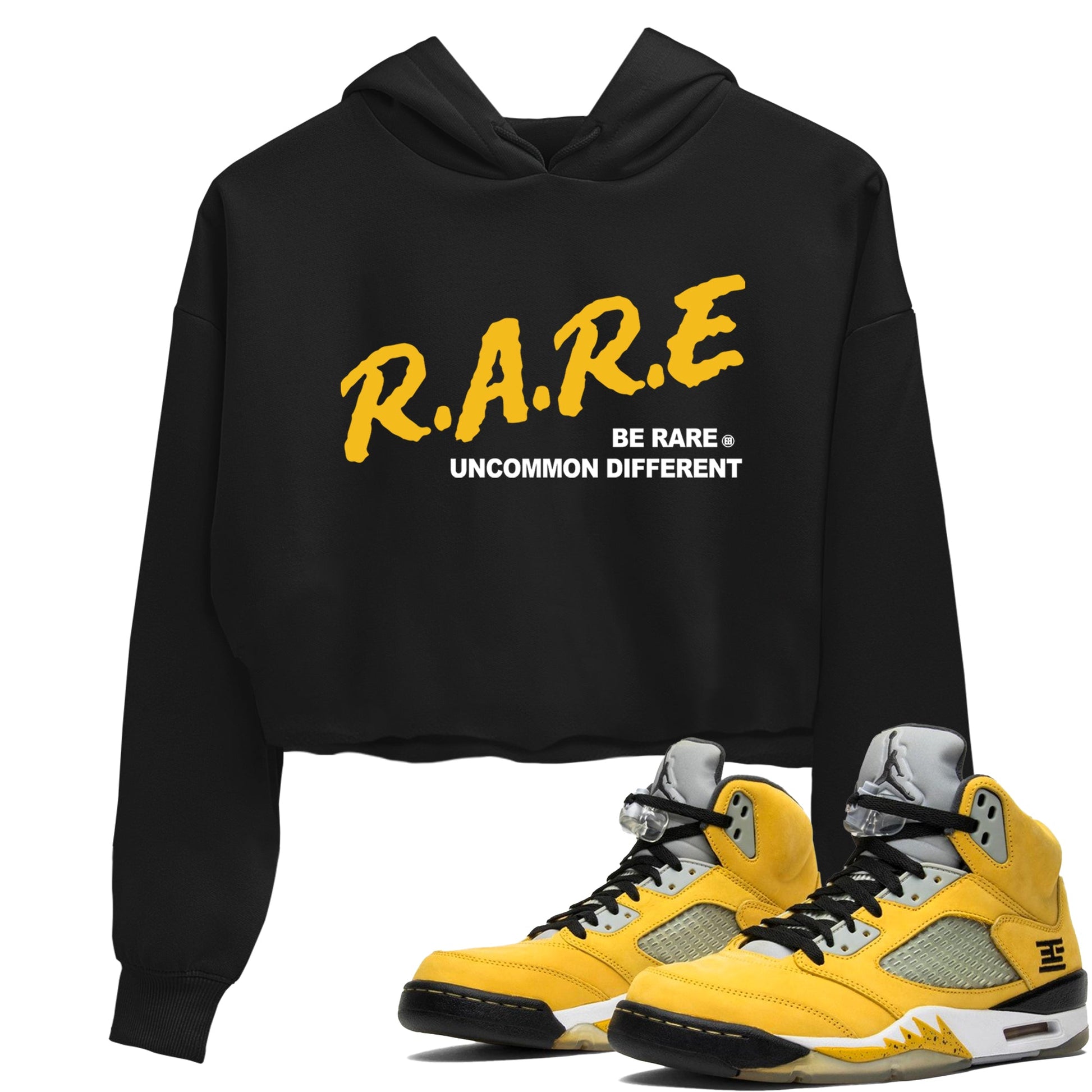 Sneaker match tees – Sneaker Tees To Match Jordan 5 Varsity Maize and Wolf Grey Shoes – Be Rare Uncommon Different Crop T-Shirt Black 1