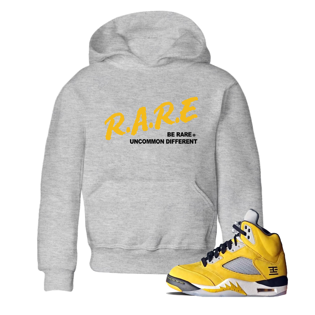 Sneaker match tees – Sneaker Tees To Match Jordan 5 Varsity Maize and Wolf Grey Shoes – Be Rare Uncommon Different Kids T-Shirt Heather Grey 1