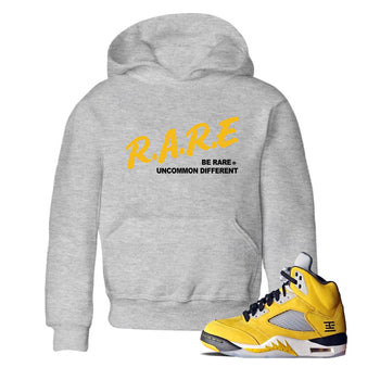 Sneaker match tees – Sneaker Tees To Match Jordan 5 Varsity Maize and Wolf Grey Shoes – Be Rare Uncommon Different Kids T-Shirt Heather Grey 1