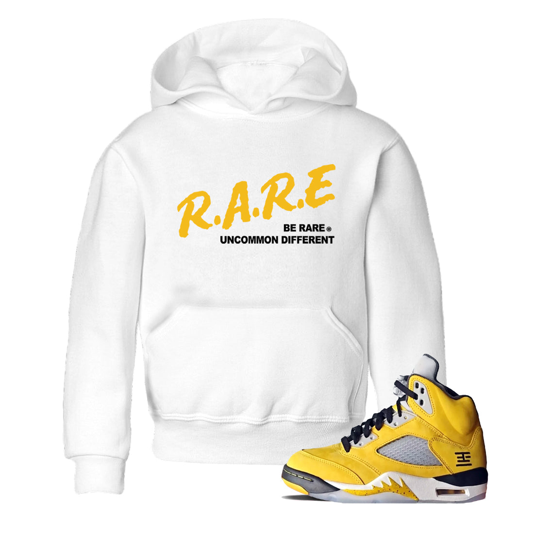 Sneaker match tees – Sneaker Tees To Match Jordan 5 Varsity Maize and Wolf Grey Shoes – Be Rare Uncommon Different Kids T-Shirt White 1