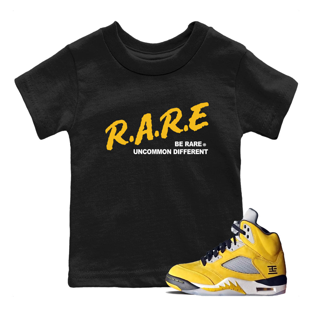 Sneaker match tees – Sneaker Tees To Match Jordan 5 Varsity Maize and Wolf Grey Shoes – Be Rare Uncommon Different Kids T-Shirt Black 1