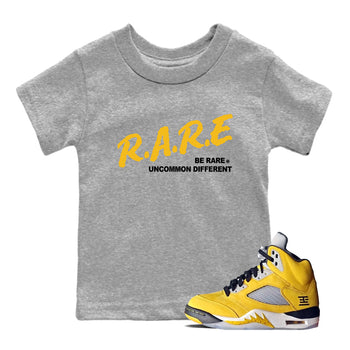 Sneaker match tees – Sneaker Tees To Match Jordan 5 Varsity Maize and Wolf Grey Shoes – Be Rare Uncommon Different Kids T-Shirt Heather Grey 1