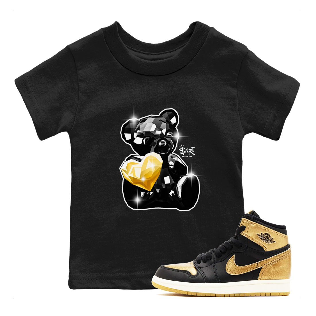 1s Black Metallic Gold shirts to match jordans Bear Germ sneaker match tees Jordan 1 High OG Black and Gold SNRT Sneaker Tees streetwear brand Baby and Youth Black 1 cotton tee