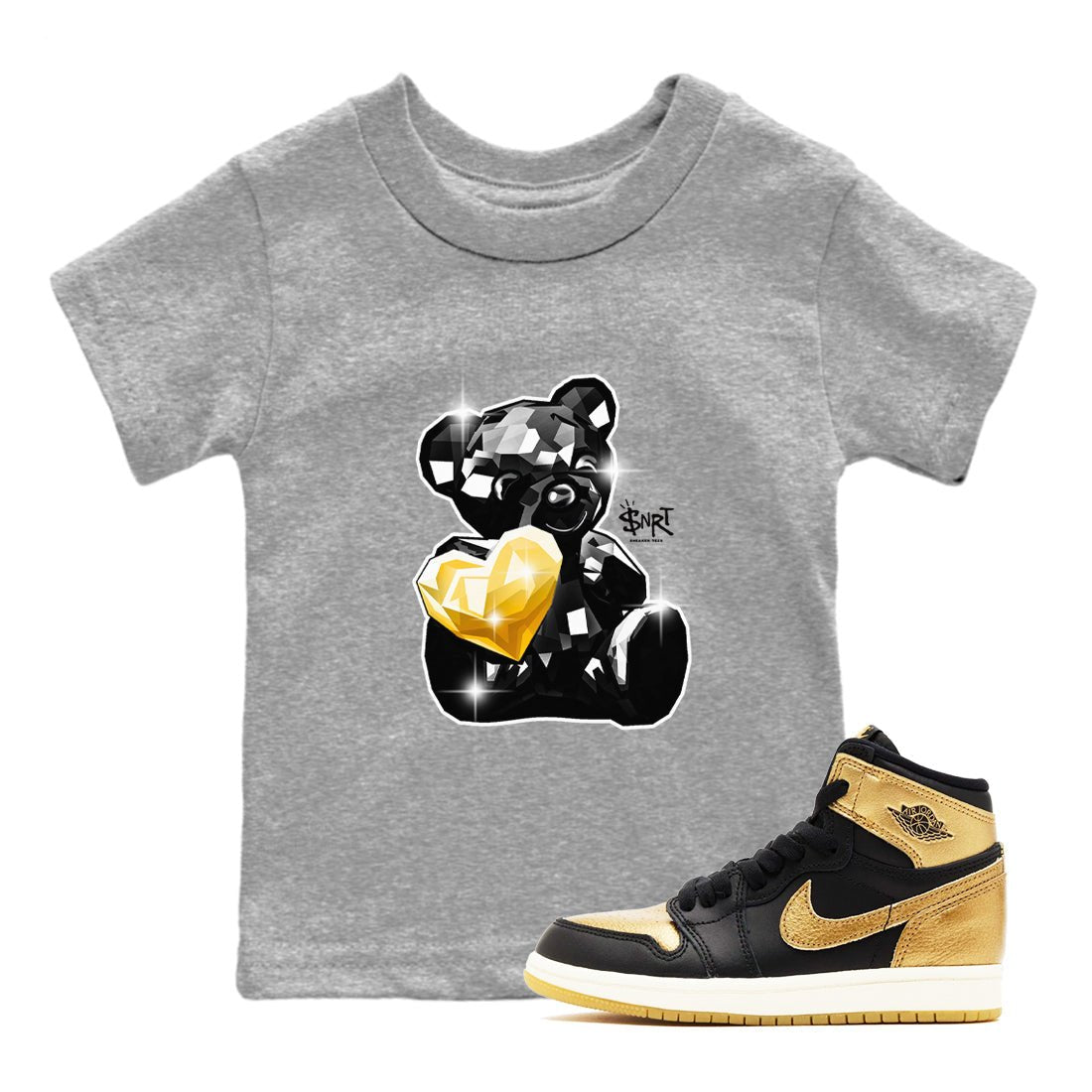 1s Black Metallic Gold shirts to match jordans Bear Germ sneaker match tees Jordan 1 High OG Black and Gold SNRT Sneaker Tees streetwear brand Baby and Youth Heather Grey 1 cotton tee
