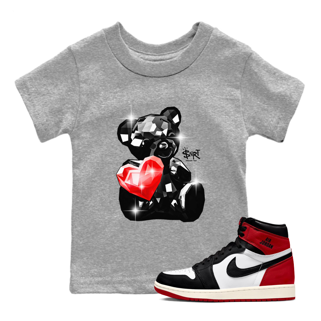 1s Black Toe Reimagined shirts to match jordans Bear Germs sneaker match tees Air Jordan 1 Black Toe Reimagined match shoes to clothes SNRT Sneaker Tees Youth Baby Heather Grey 1 tee