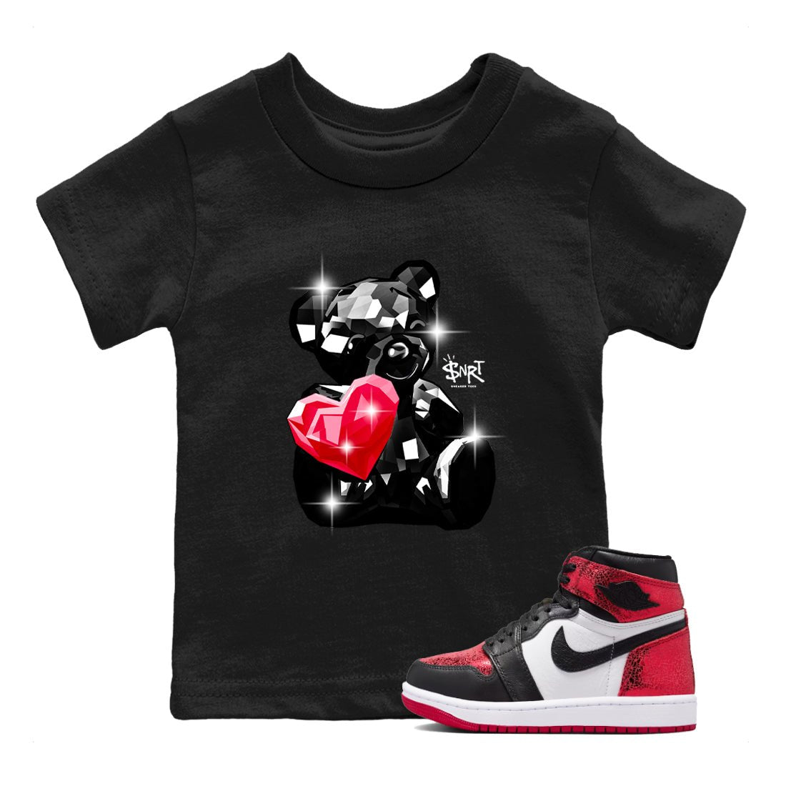 Bear Germs baby and kids t-shirt crafted for little sneakerheads to shine with the Air Jordan 1 Ruby sneakers, displayed in Black 1.
