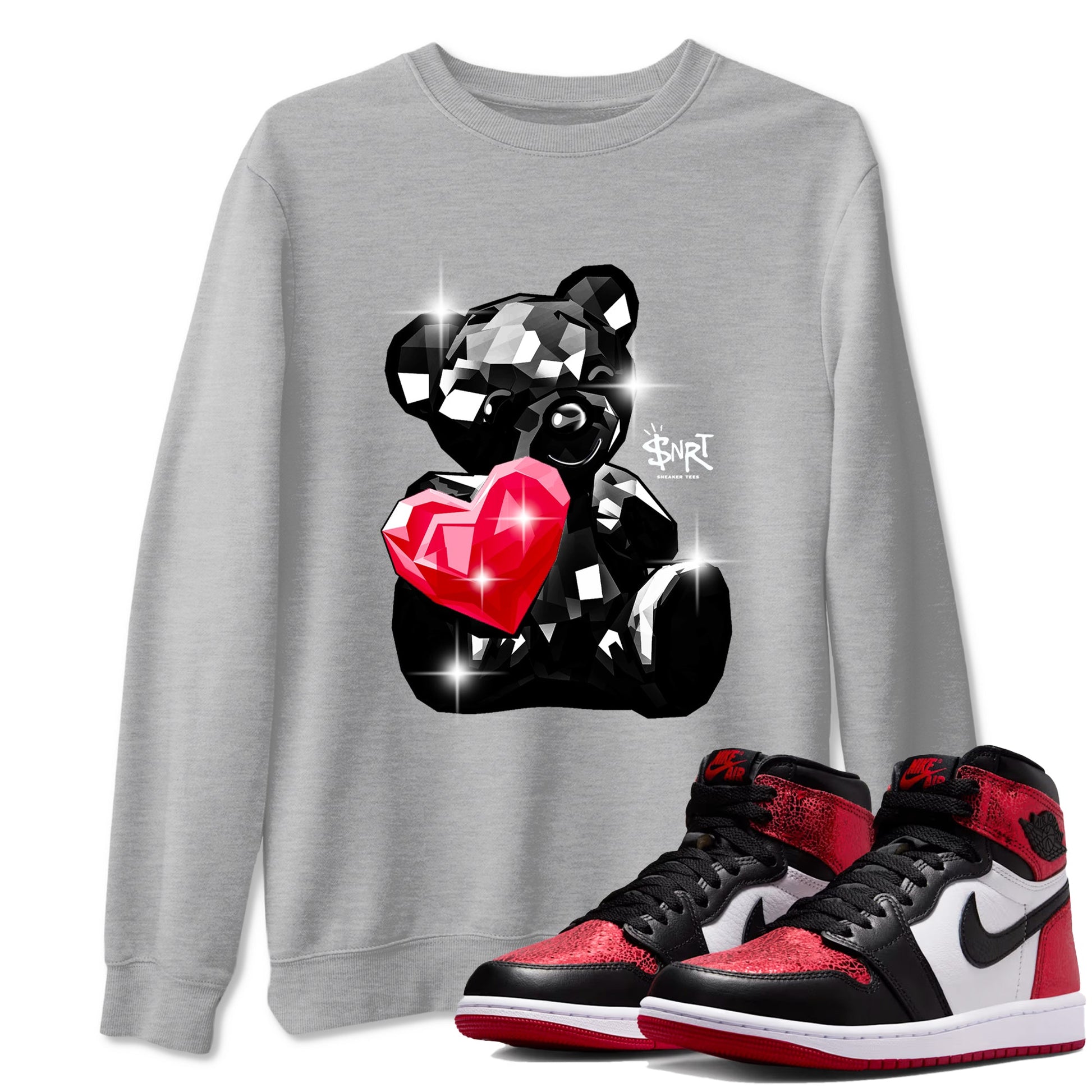 Bear Germs sneaker match t-shirt styled to complete your fit with the Air Jordan 1 Ruby sneakers, shown in Heather Grey 1.