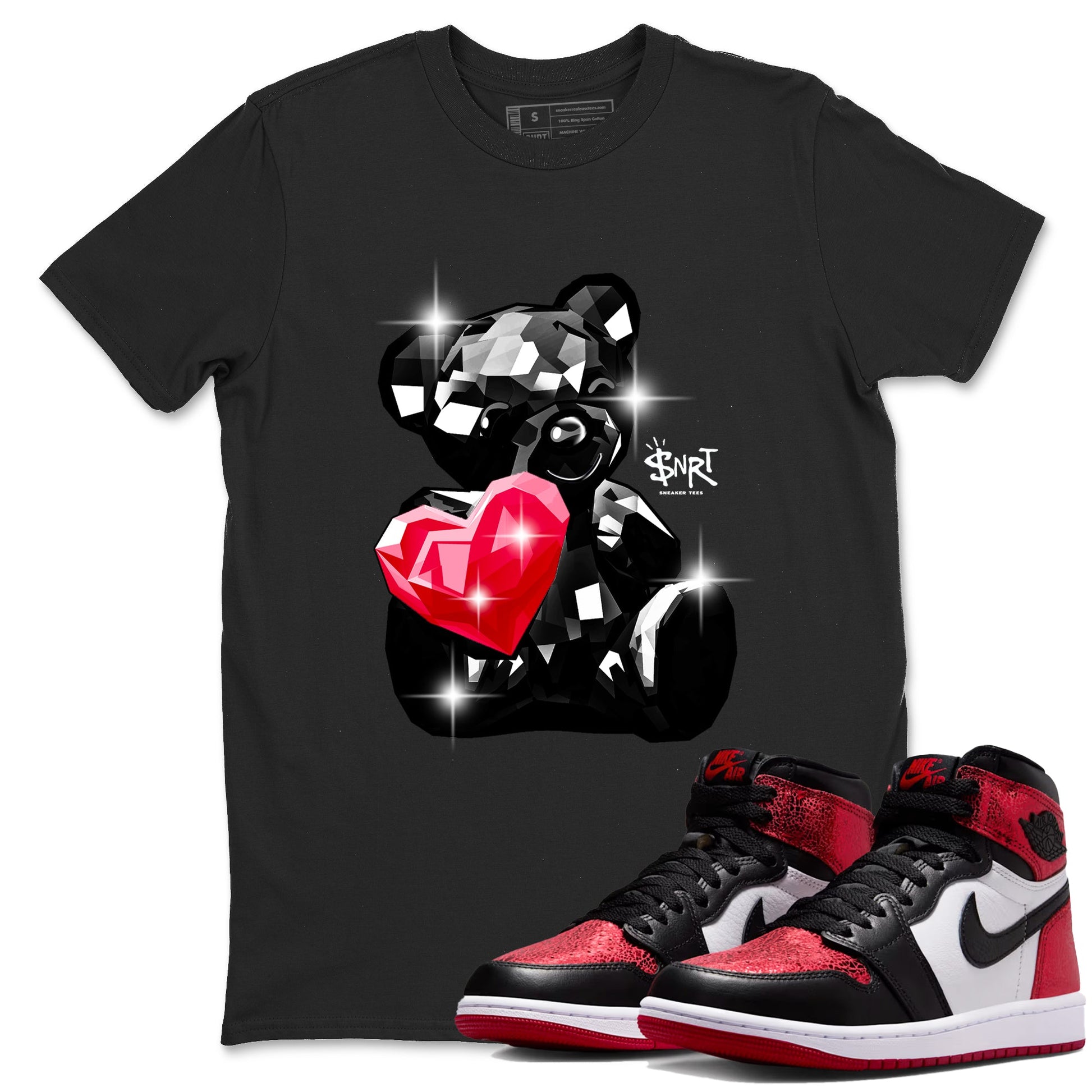 Bear Germs sneaker match t-shirt styled to complete your fit with the Air Jordan 1 Ruby sneakers, shown in Black 1.