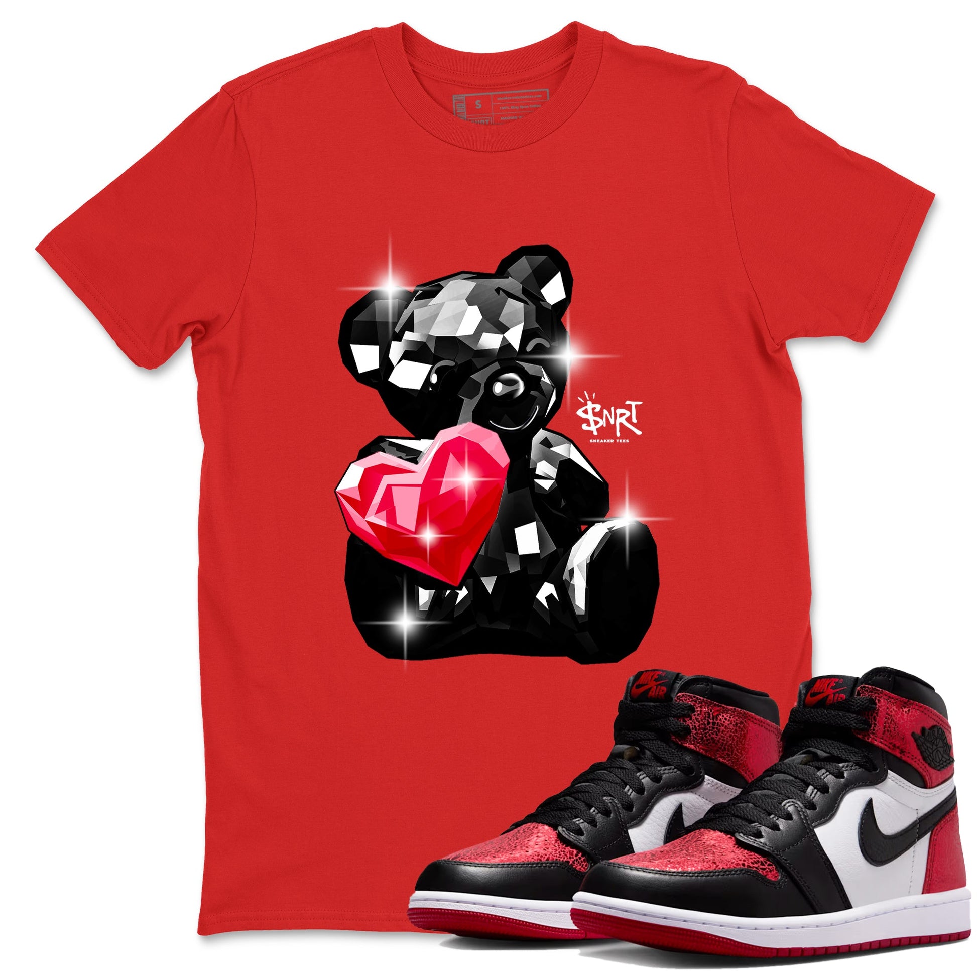 Bear Germs sneaker match t-shirt styled to complete your fit with the Air Jordan 1 Ruby sneakers, shown in Red 1.