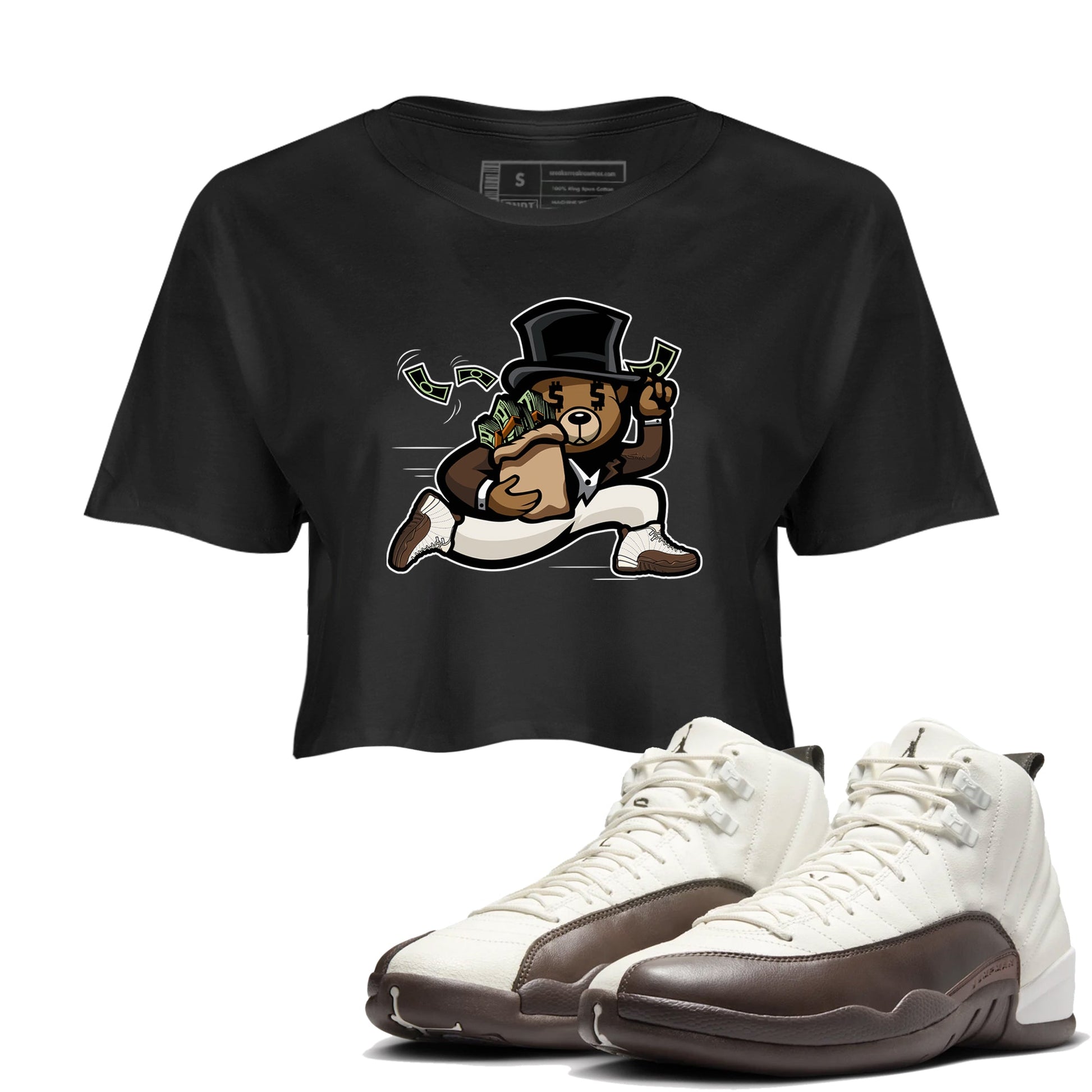 AJ12 Baroque Brown shirts to match jordans Bear Steals best t shirts to wear with jordans SoleFly x Jordan 12 Baroque Brown match shoes to clothes SNRT Sneaker Tees unisex cotton Black 1 crop tee