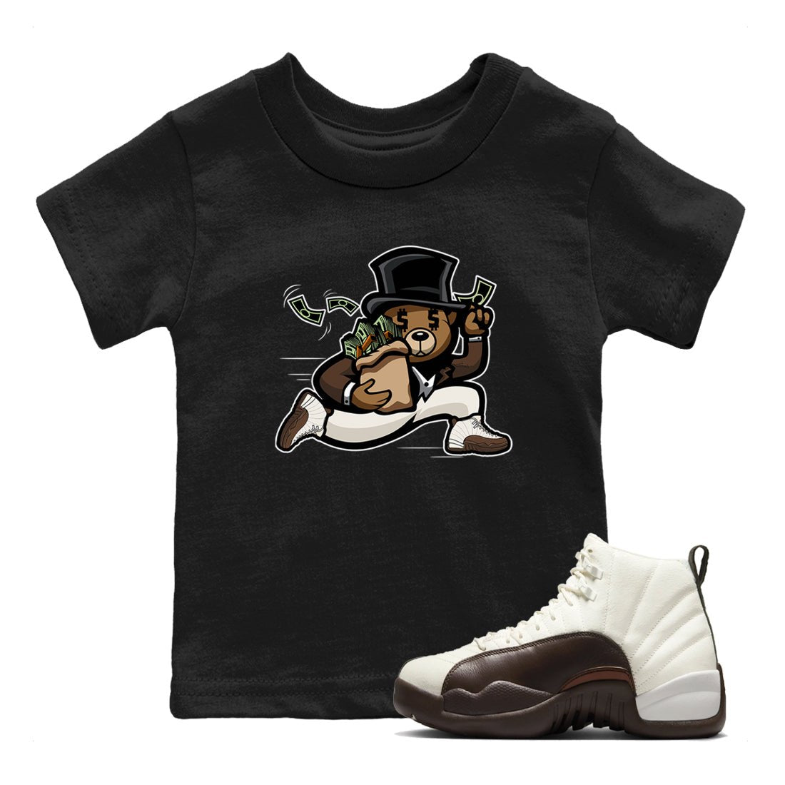 AJ12 Baroque Brown shirts to match jordans Bear Steals best t shirts to wear with jordans SoleFly x Jordan 12 Baroque Brown match shoes to clothes SNRT Sneaker Tees Youth Baby Black 1 tee