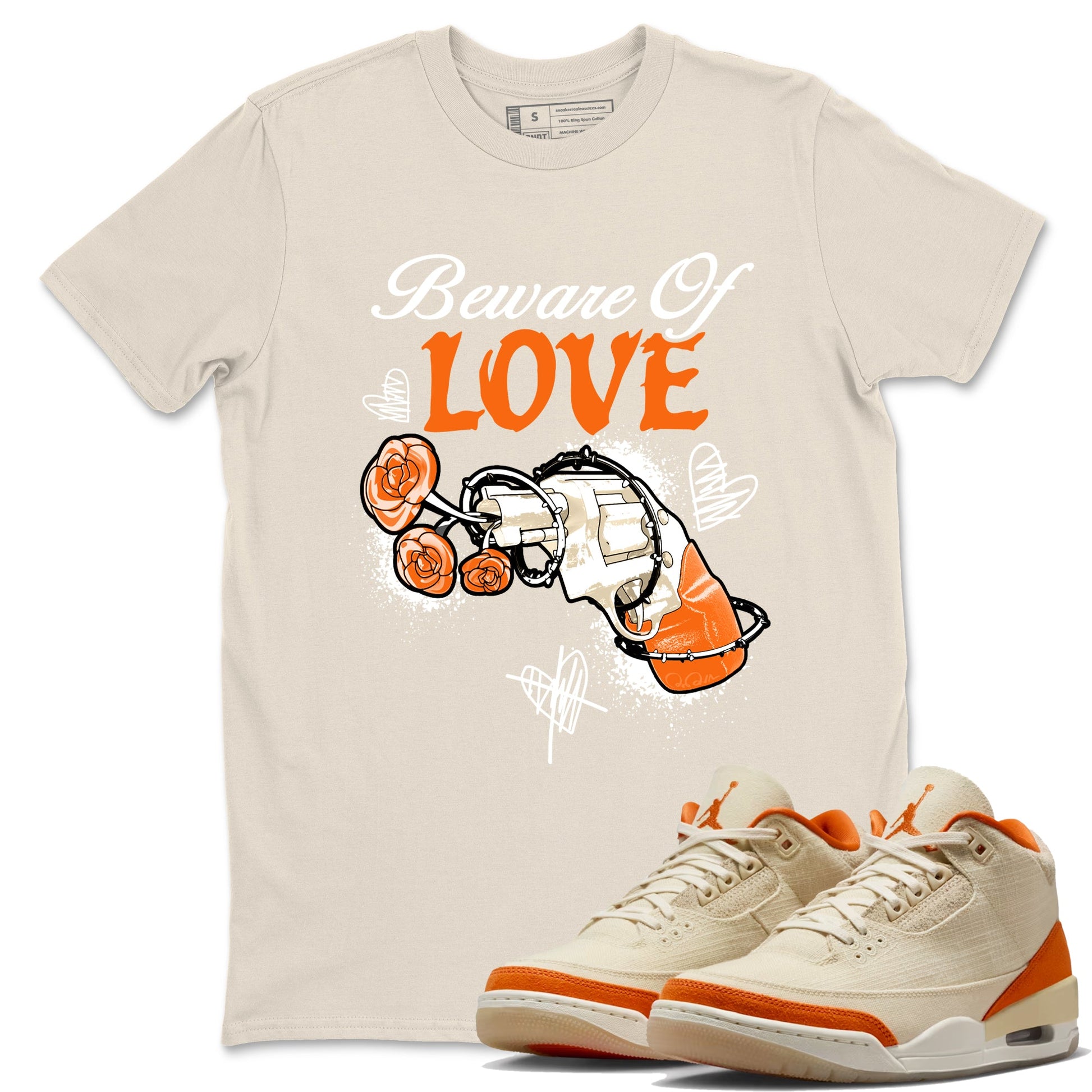Beware Of Love sneaker match t-shirt styled to complete your fit with the Air Jordan 3 Starfish sneakers, shown in Natural 1.
