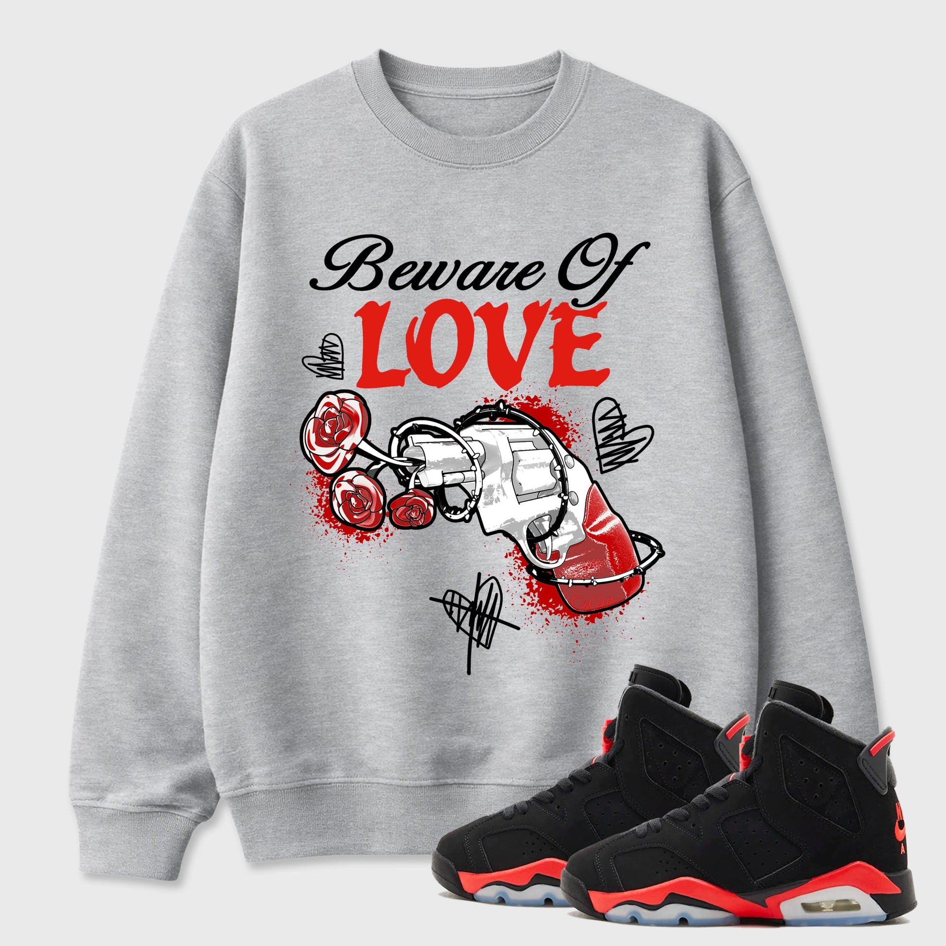 Sneaker outfits graphic tee – Sneaker Tees To Match Air Jordan 6 Infrared Sneakers – Beware Of Love Tee Heather Grey 1