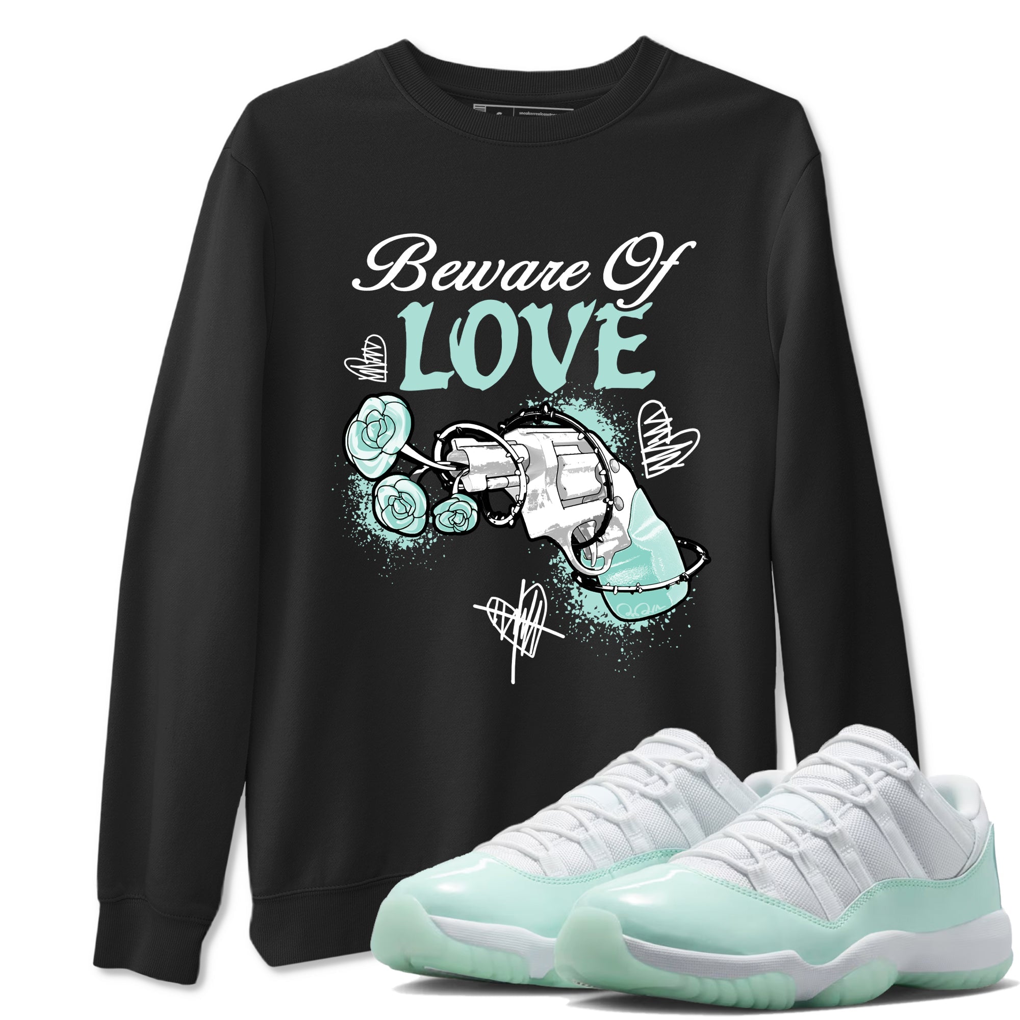 Bewere Of Love sneaker match t-shirt styled to complete your fit with the Air Jordan 11 Igloo sneakers, shown in Black 1.