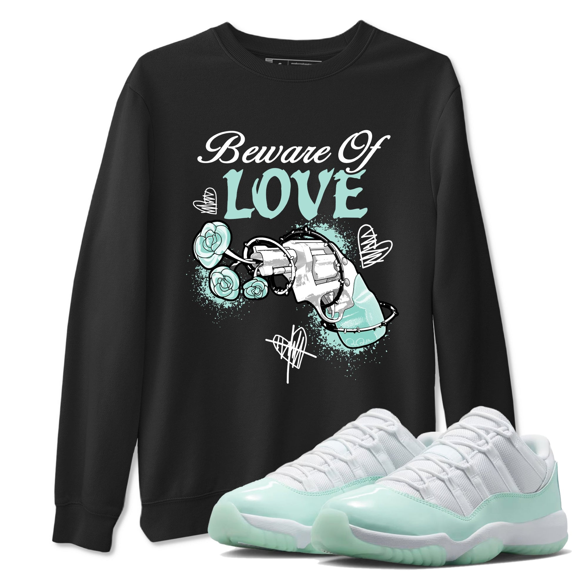 Bewere Of Love sneaker match t-shirt styled to complete your fit with the Air Jordan 11 Igloo sneakers, shown in Black 1.