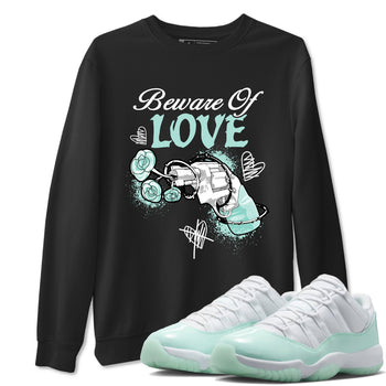 Bewere Of Love sneaker match t-shirt styled to complete your fit with the Air Jordan 11 Igloo sneakers, shown in Black 1.