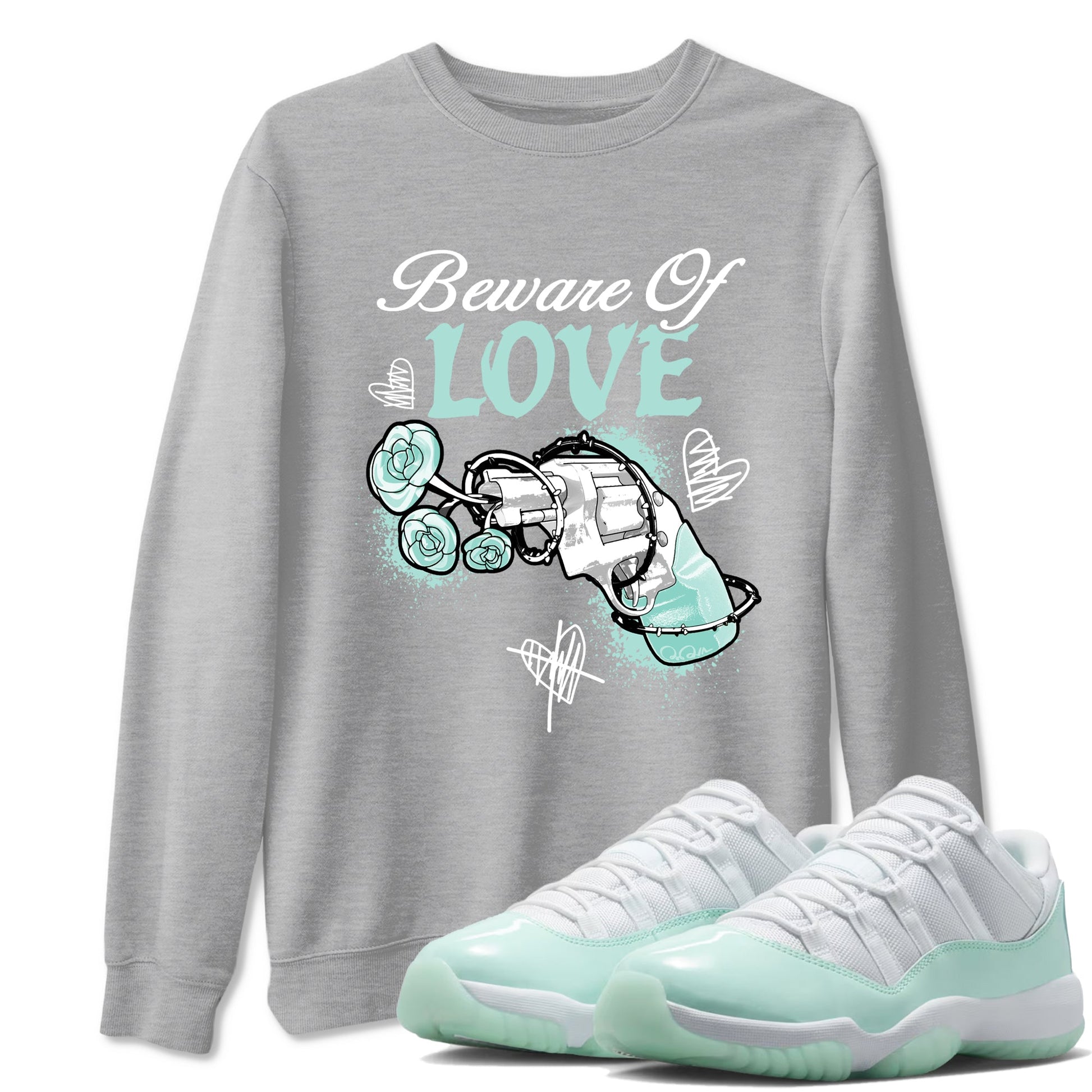 Bewere Of Love sneaker match t-shirt styled to complete your fit with the Air Jordan 11 Igloo sneakers, shown in Heather Grey 1.