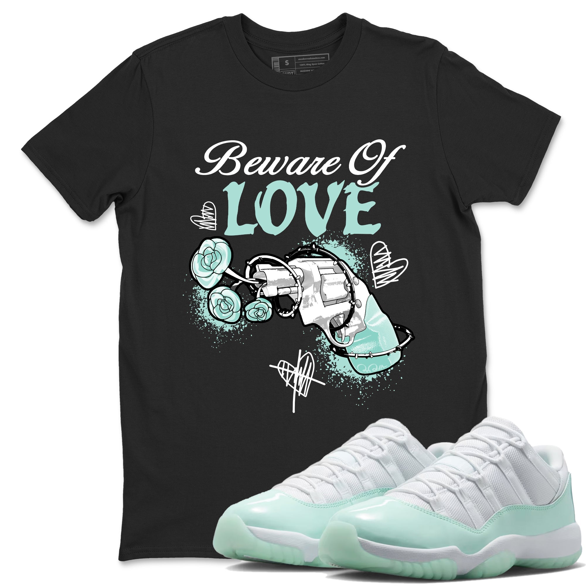 Bewere Of Love sneaker match t-shirt styled to complete your fit with the Air Jordan 11 Igloo sneakers, shown in Black 1.