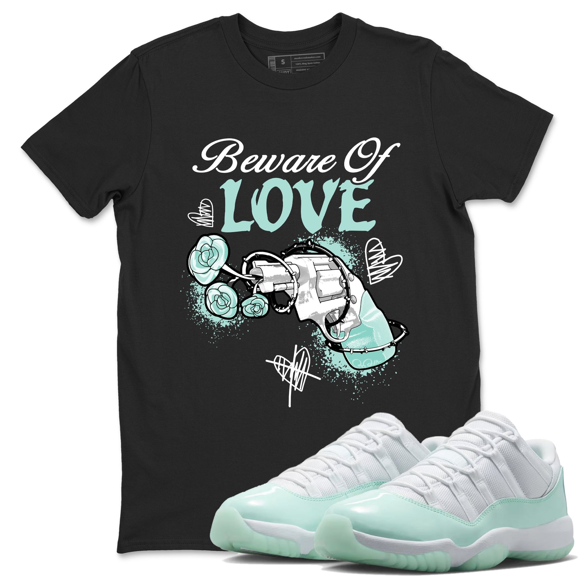 Bewere Of Love sneaker match t-shirt styled to complete your fit with the Air Jordan 11 Igloo sneakers, shown in Black 1.