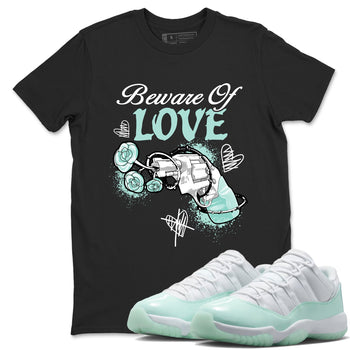 Bewere Of Love sneaker match t-shirt styled to complete your fit with the Air Jordan 11 Igloo sneakers, shown in Black 1.