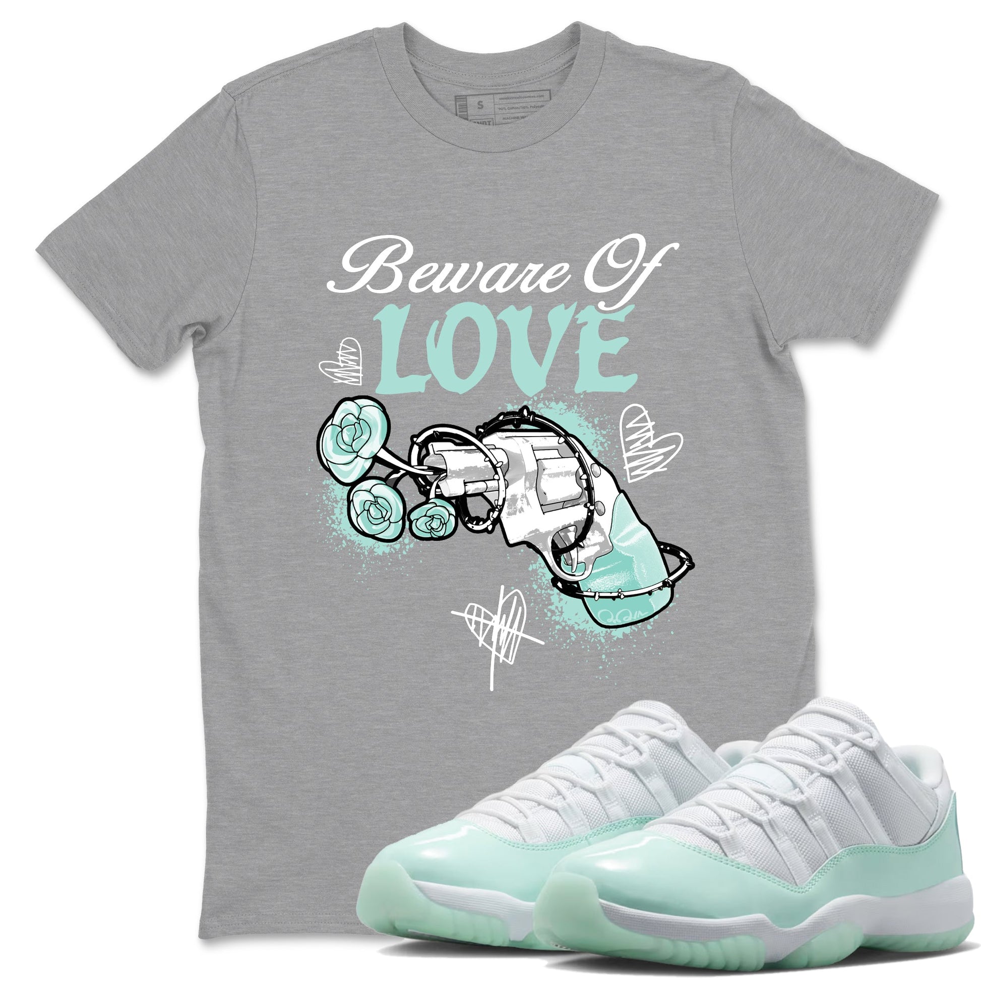 Bewere Of Love sneaker match t-shirt styled to complete your fit with the Air Jordan 11 Igloo sneakers, shown in Heather Grey 1.
