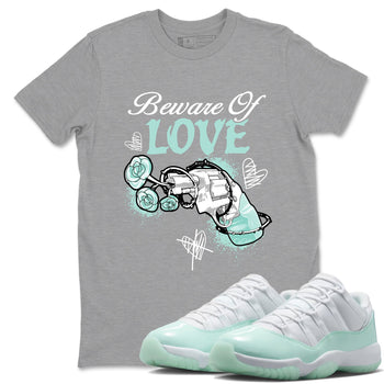 Bewere Of Love sneaker match t-shirt styled to complete your fit with the Air Jordan 11 Igloo sneakers, shown in Heather Grey 1.