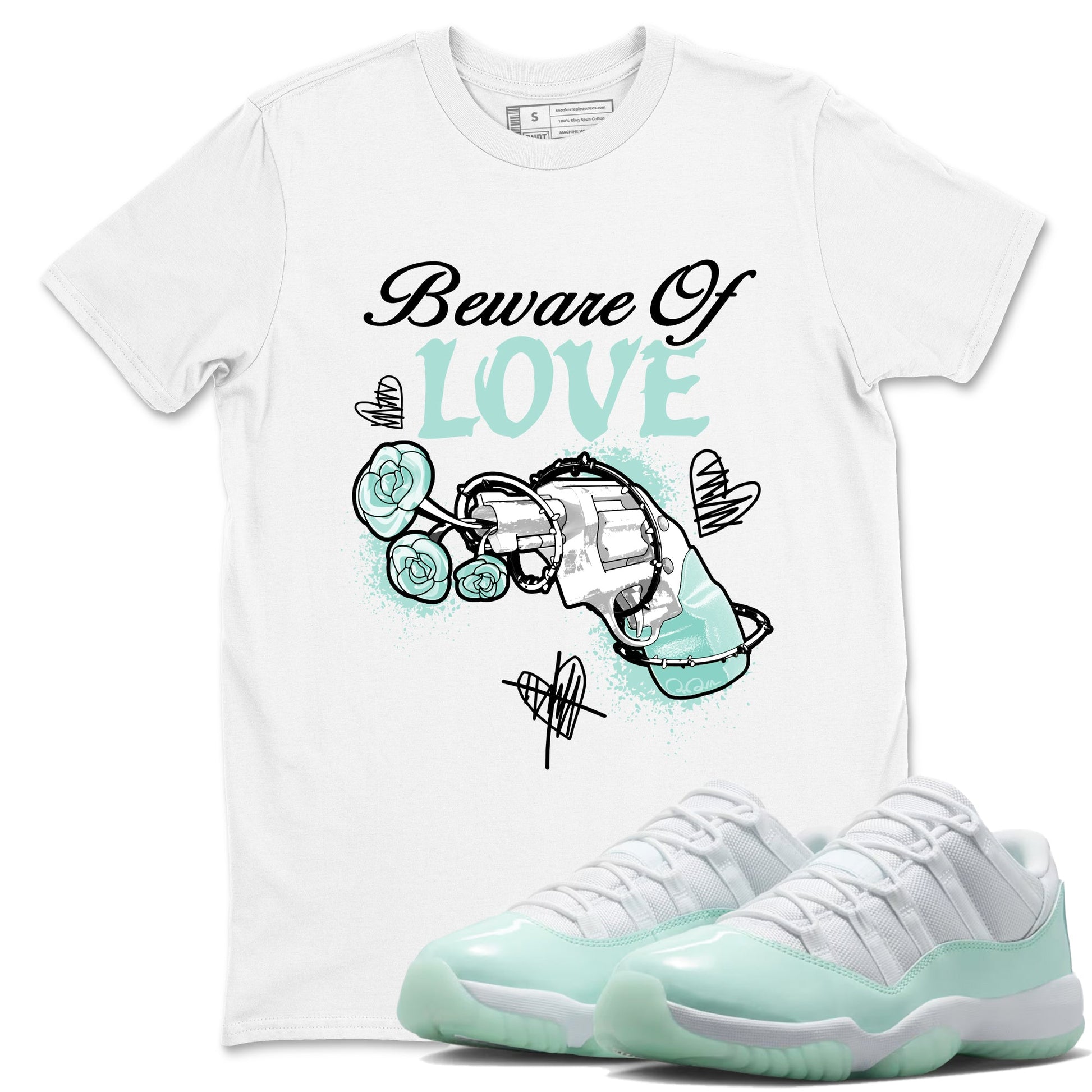 Bewere Of Love sneaker match t-shirt styled to complete your fit with the Air Jordan 11 Igloo sneakers, shown in White 1.