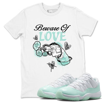 Bewere Of Love sneaker match t-shirt styled to complete your fit with the Air Jordan 11 Igloo sneakers, shown in White 1.