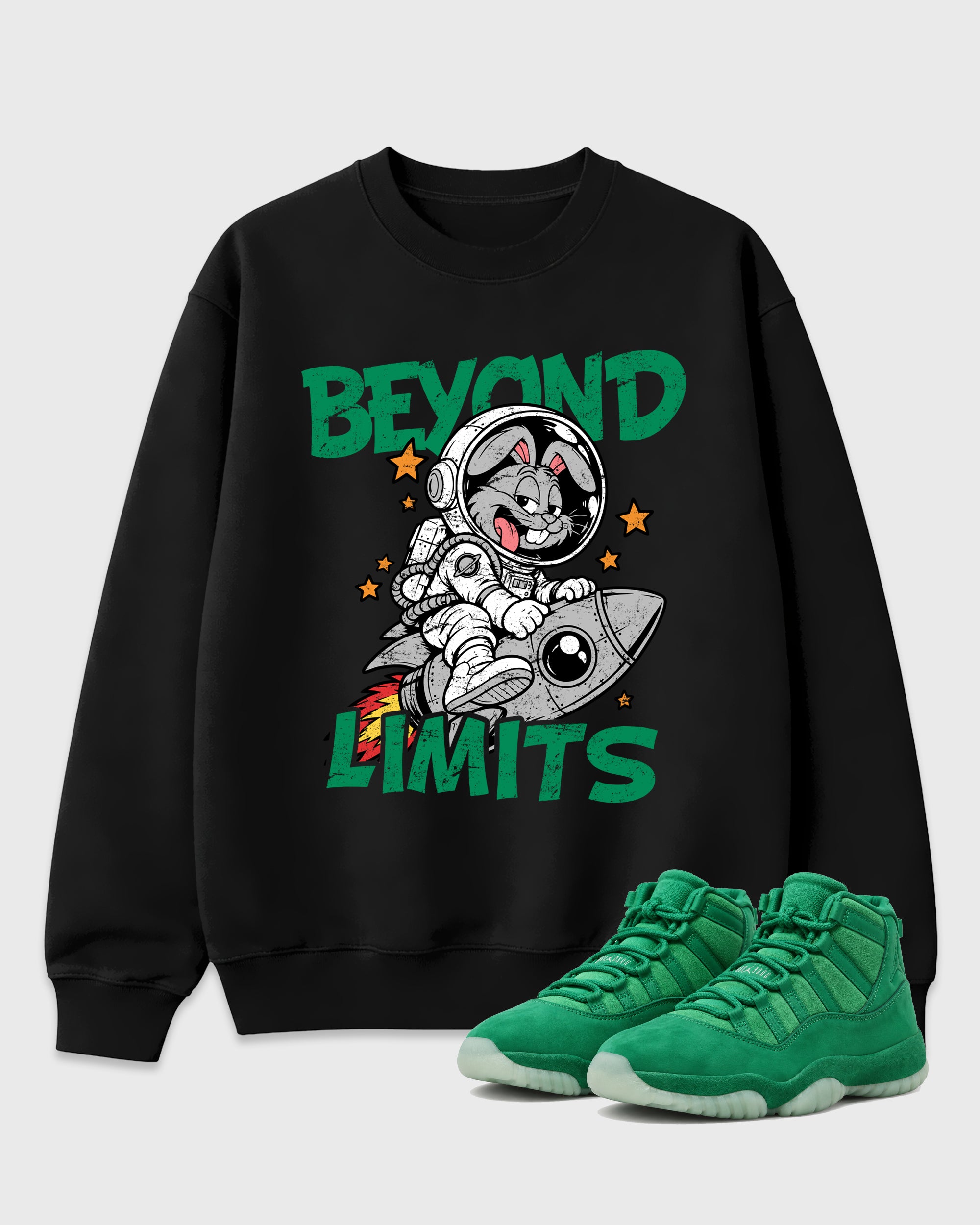 Beyond Limits Graphic T-Shirt featuring original streetwear artwork designed to match the Air Jordan 11 Green Screen. Black 1 Graphic Tee.