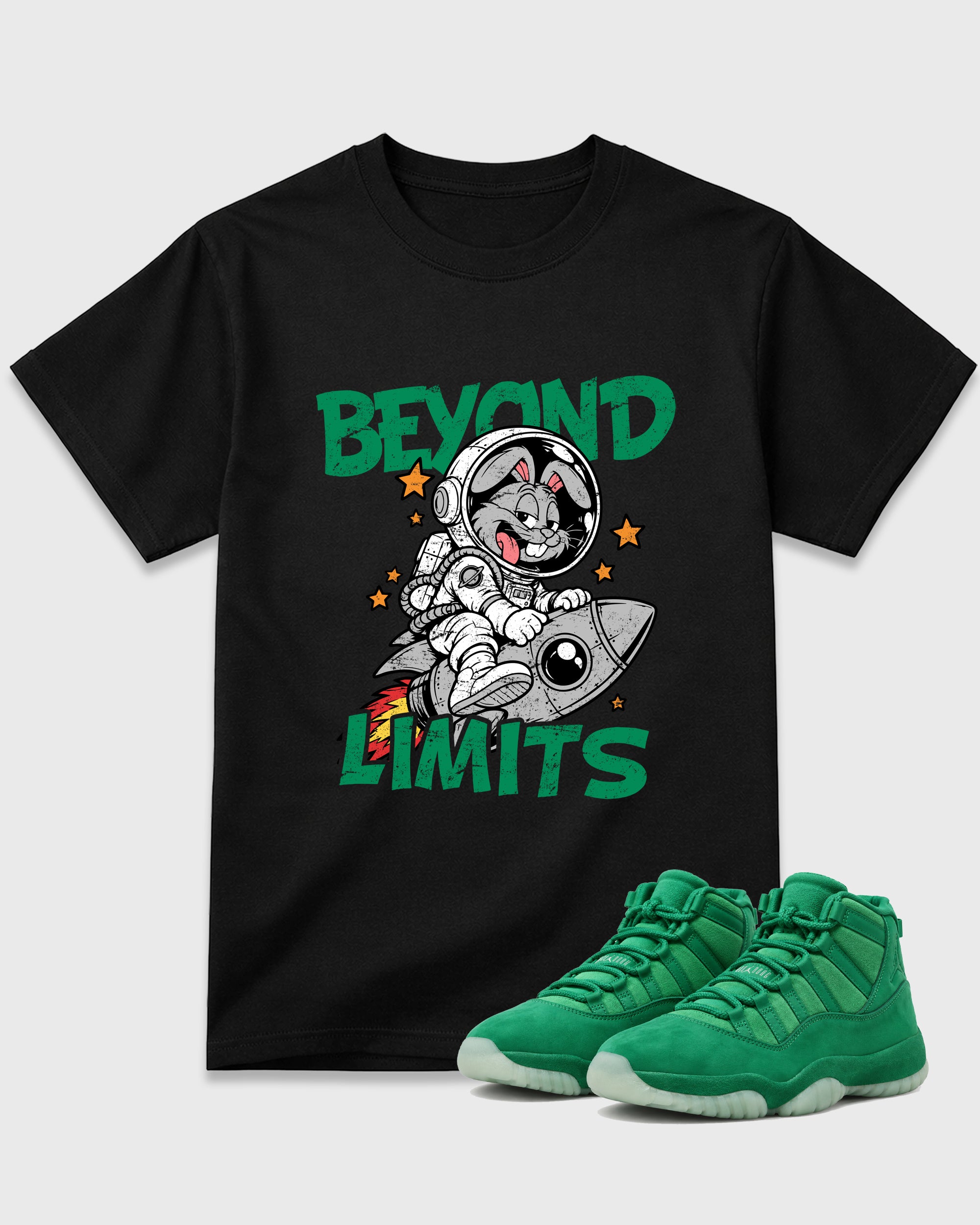 Beyond Limits Graphic T-Shirt featuring original streetwear artwork designed to match the Air Jordan 11 Green Screen. Black 1 Graphic T-Shirt.