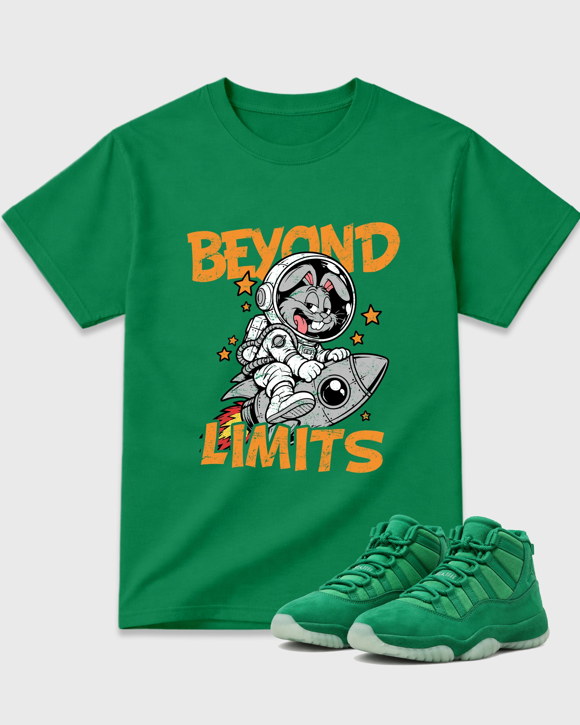 Beyond Limits Graphic T-Shirt featuring original streetwear artwork designed to match the Air Jordan 11 Green Screen. Kelly Green 1 Graphic T-Shirt.