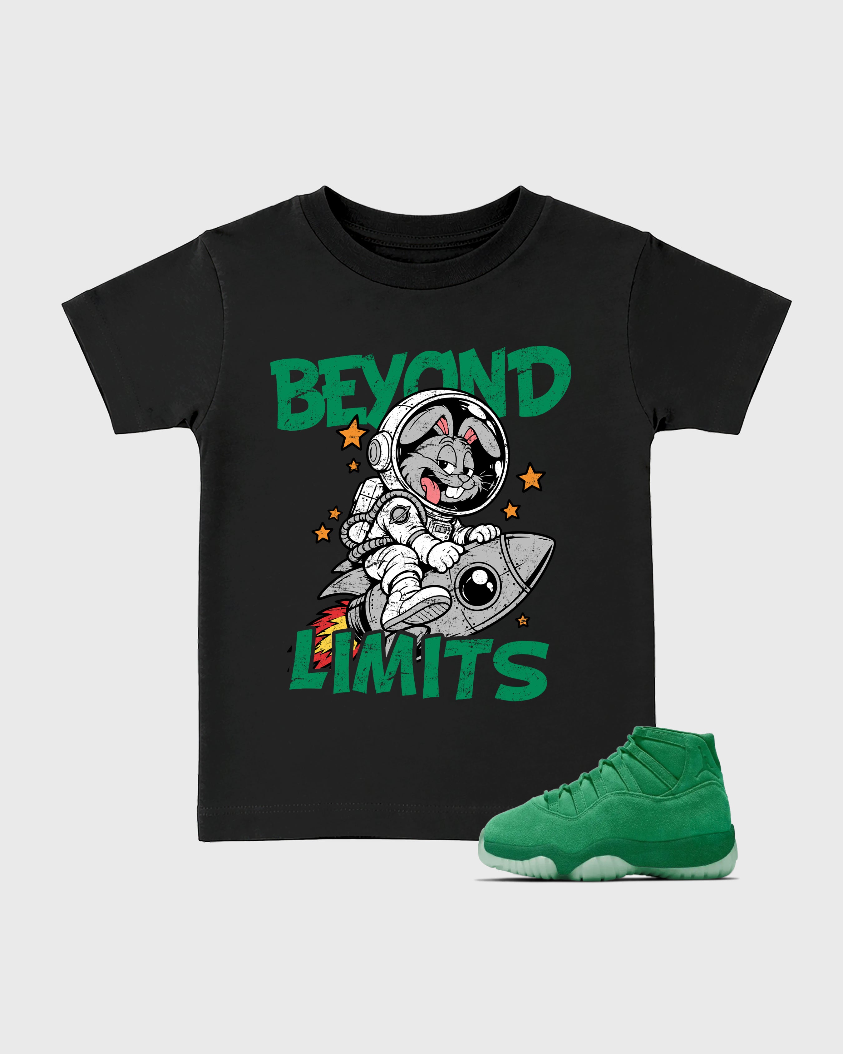 Beyond Limits Baby & Kids Graphic T-Shirt featuring original artwork designed to match the Air Jordan 11 Green Screen. Black 1 Kids Graphic Tee.