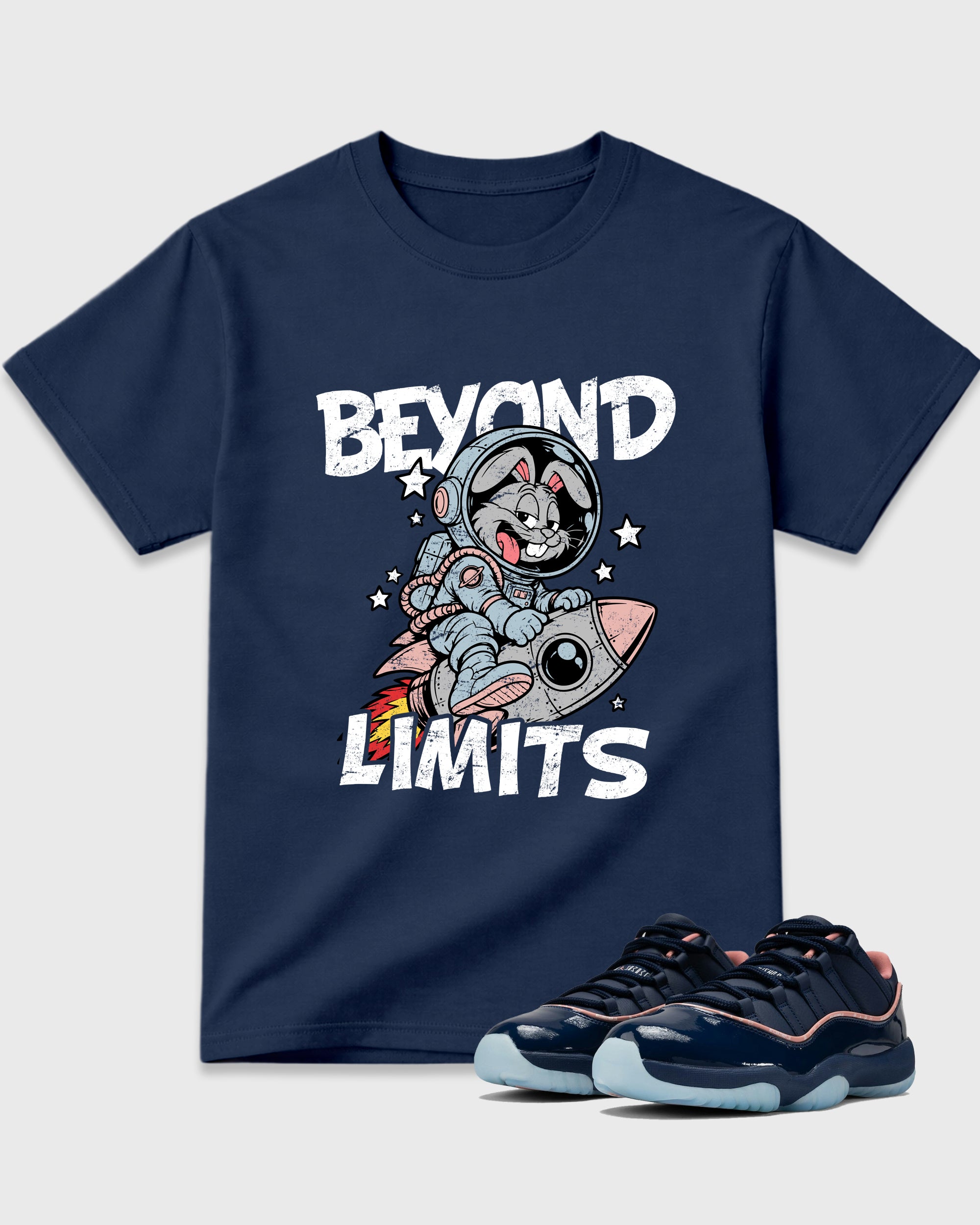 Beyond Limits Graphic T-Shirt featuring original streetwear artwork designed to match the Air Jordan 11 Made For Locals. Navy 1 Graphic T-Shirt.