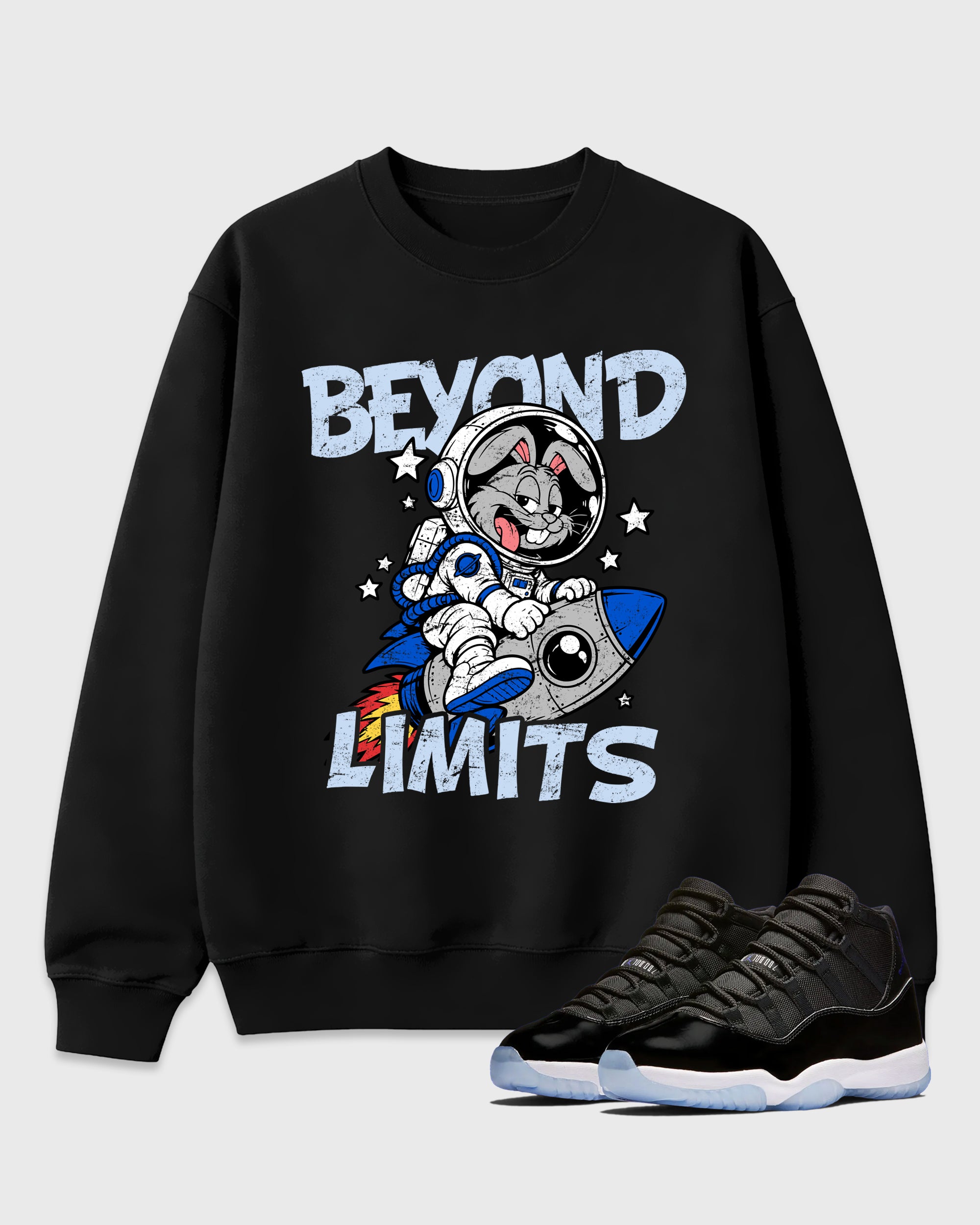 Beyond Limits Graphic T-Shirt featuring original streetwear artwork designed to match the Air Jordan 11 Space Jam. Black 1 Graphic Tee.