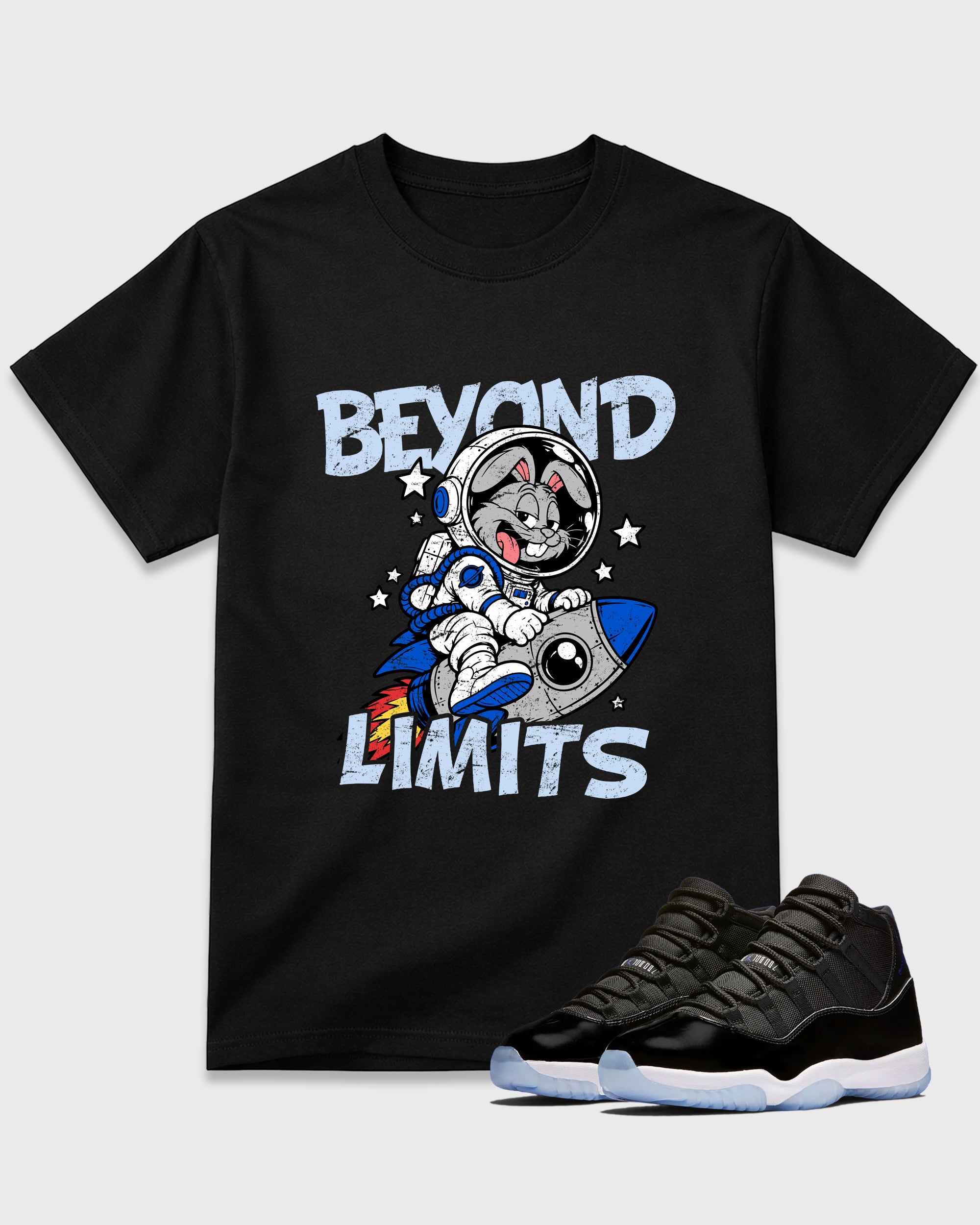Beyond Limits Graphic T-Shirt featuring original streetwear artwork designed to match the Air Jordan 11 Space Jam. Black 1 Graphic T-Shirt.