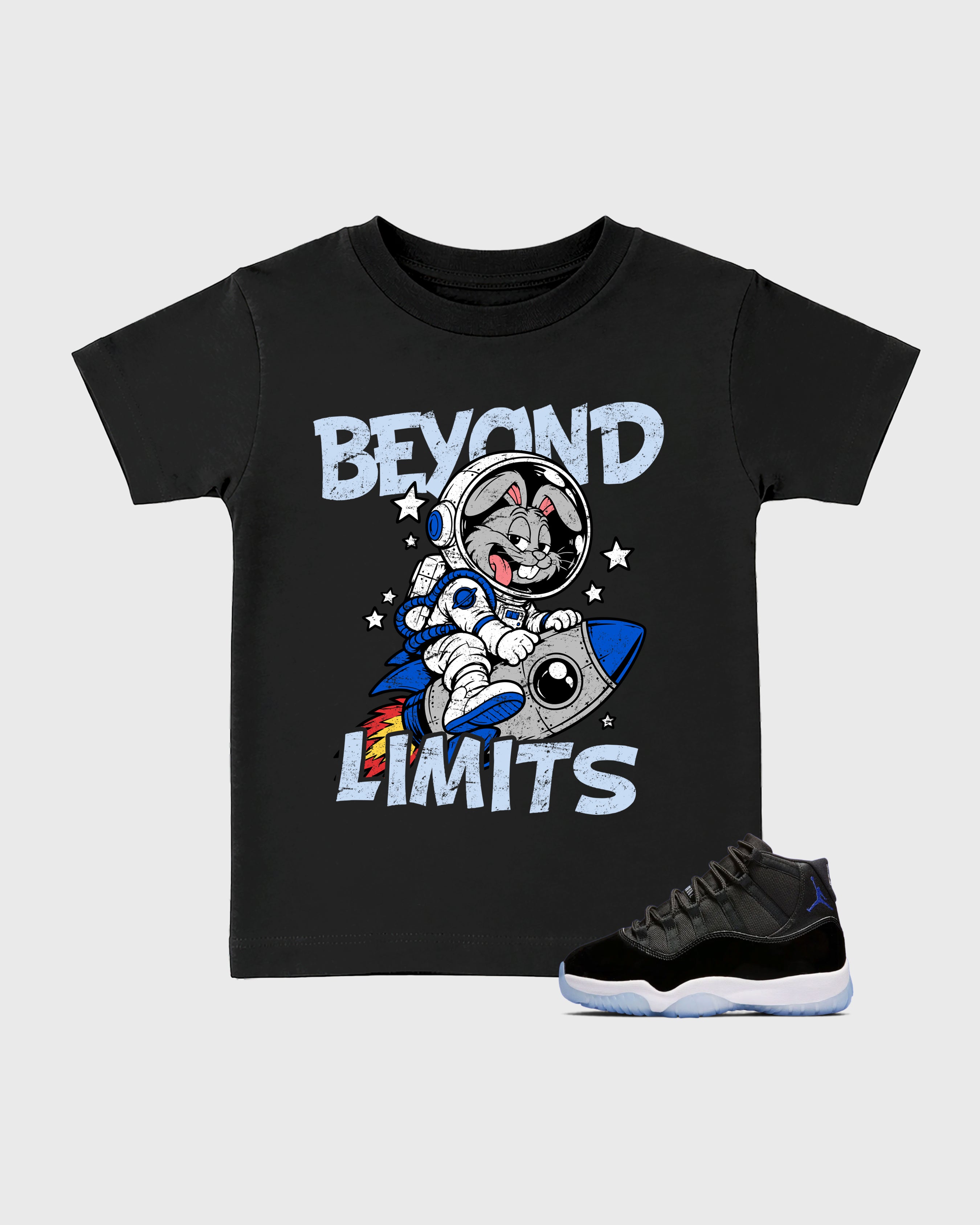 Beyond Limits Baby & Kids Graphic T-Shirt featuring original artwork designed to match the Air Jordan 11 Space Jam. Black 1 Kids Graphic Tee.