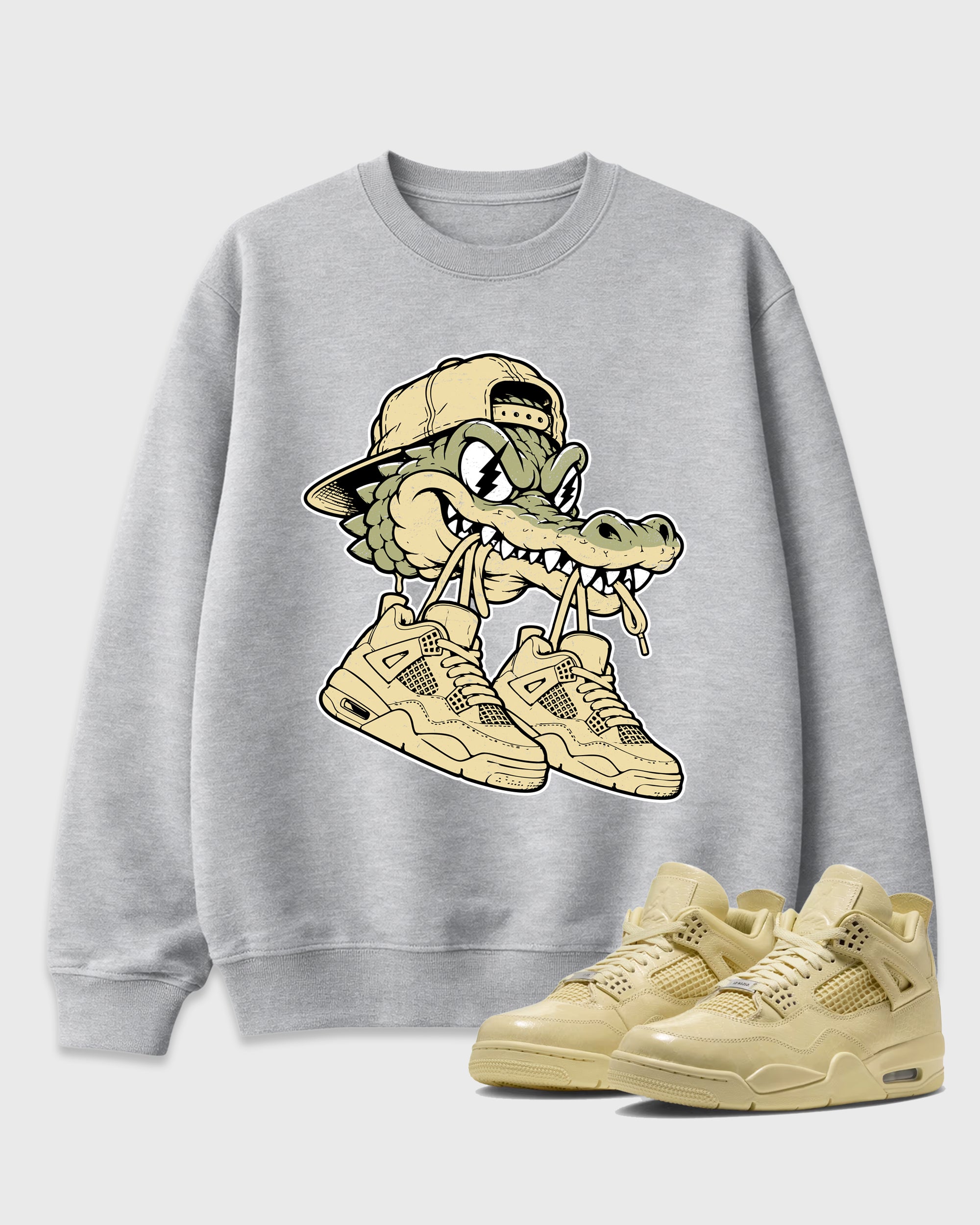 Bite Kicks Graphic T-Shirt featuring original streetwear artwork designed to match the Air Jordan 4 X J Balvin 'Amazonas'. Heather Grey 1 Graphic Tee.