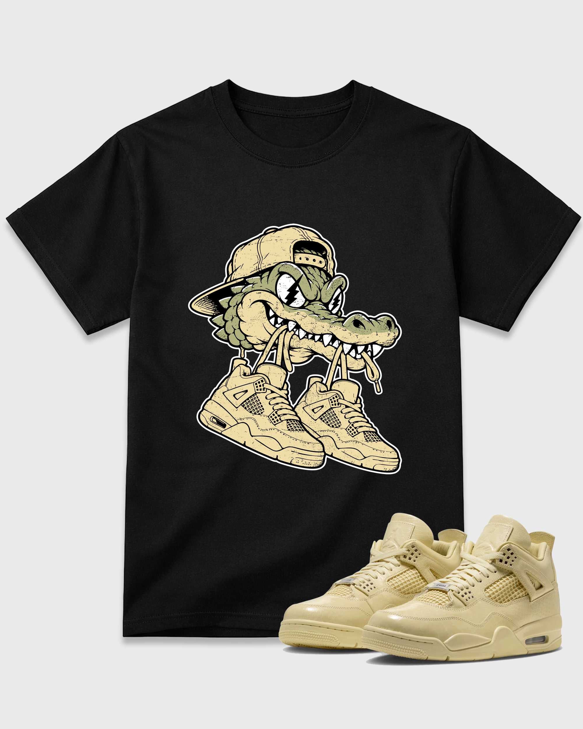 Bite Kicks Graphic T-Shirt featuring original streetwear artwork designed to match the Air Jordan 4 X J Balvin 'Amazonas'. Black 1 Graphic T-Shirt.