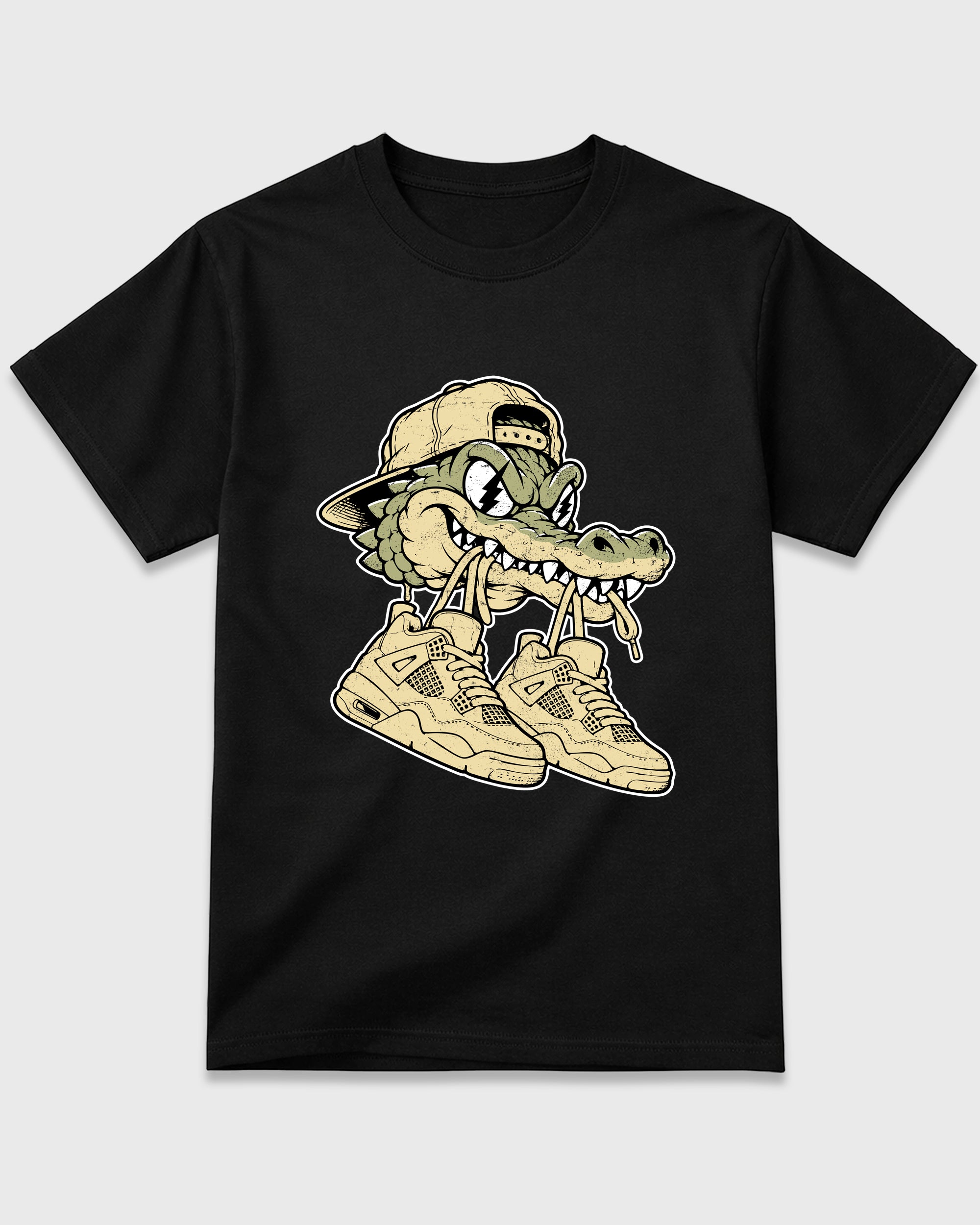 Bite Kicks Graphic T-Shirt featuring original streetwear artwork designed to match the Air Jordan 4 X J Balvin 'Amazonas'. Black 2 Graphic T-Shirt.