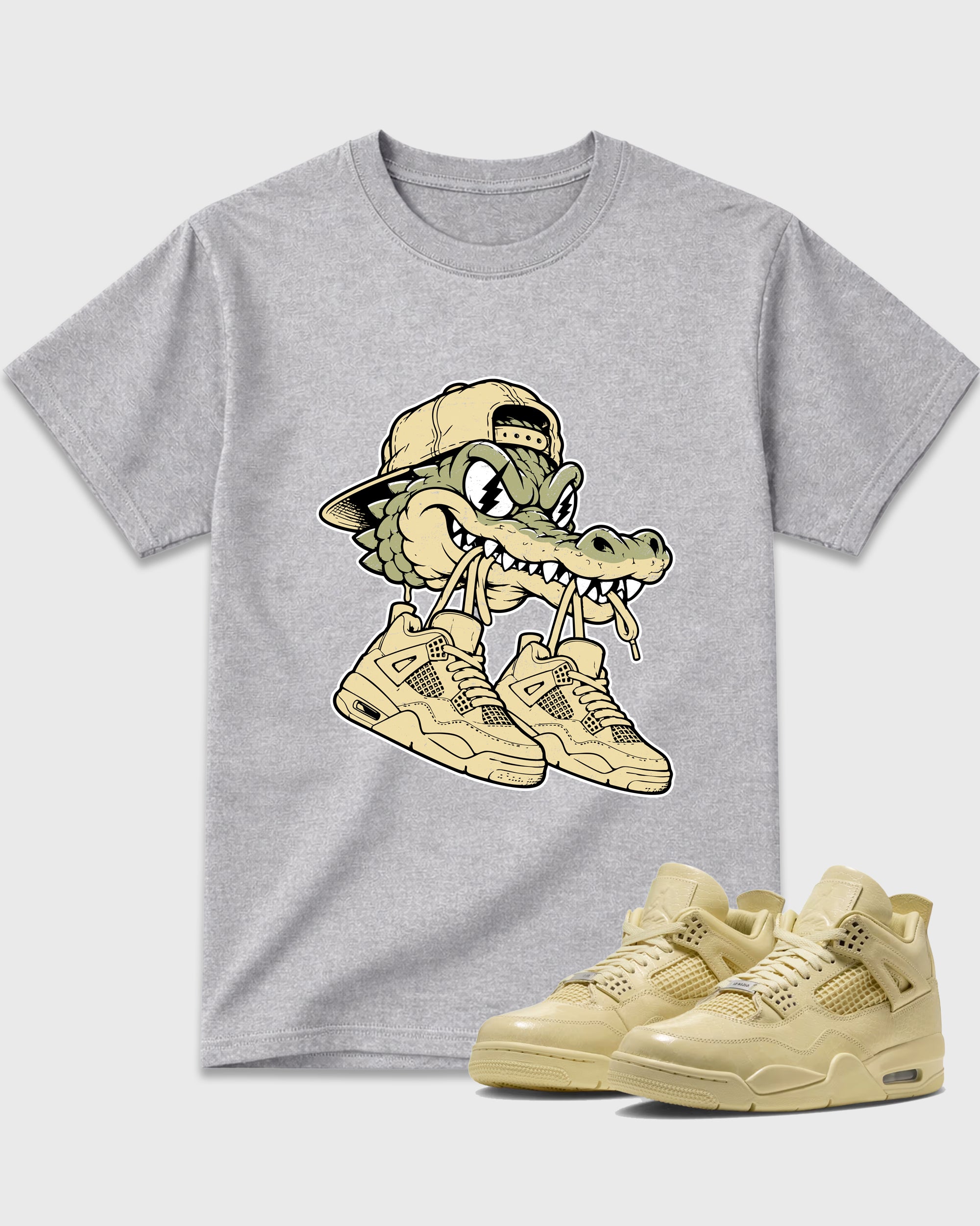 Bite Kicks Graphic T-Shirt featuring original streetwear artwork designed to match the Air Jordan 4 X J Balvin 'Amazonas'. Heather Grey 1 Graphic T-Shirt.