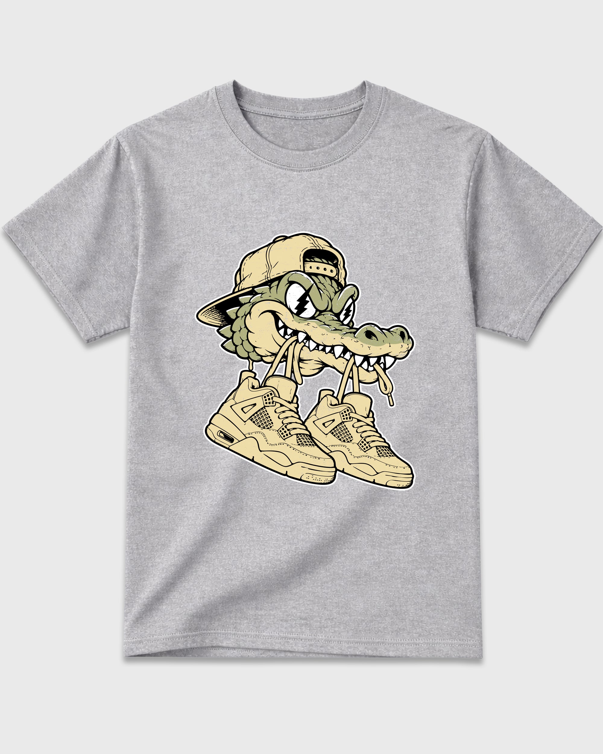 Bite Kicks Graphic T-Shirt featuring original streetwear artwork designed to match the Air Jordan 4 X J Balvin 'Amazonas'. Heather Grey 2 Graphic T-Shirt.