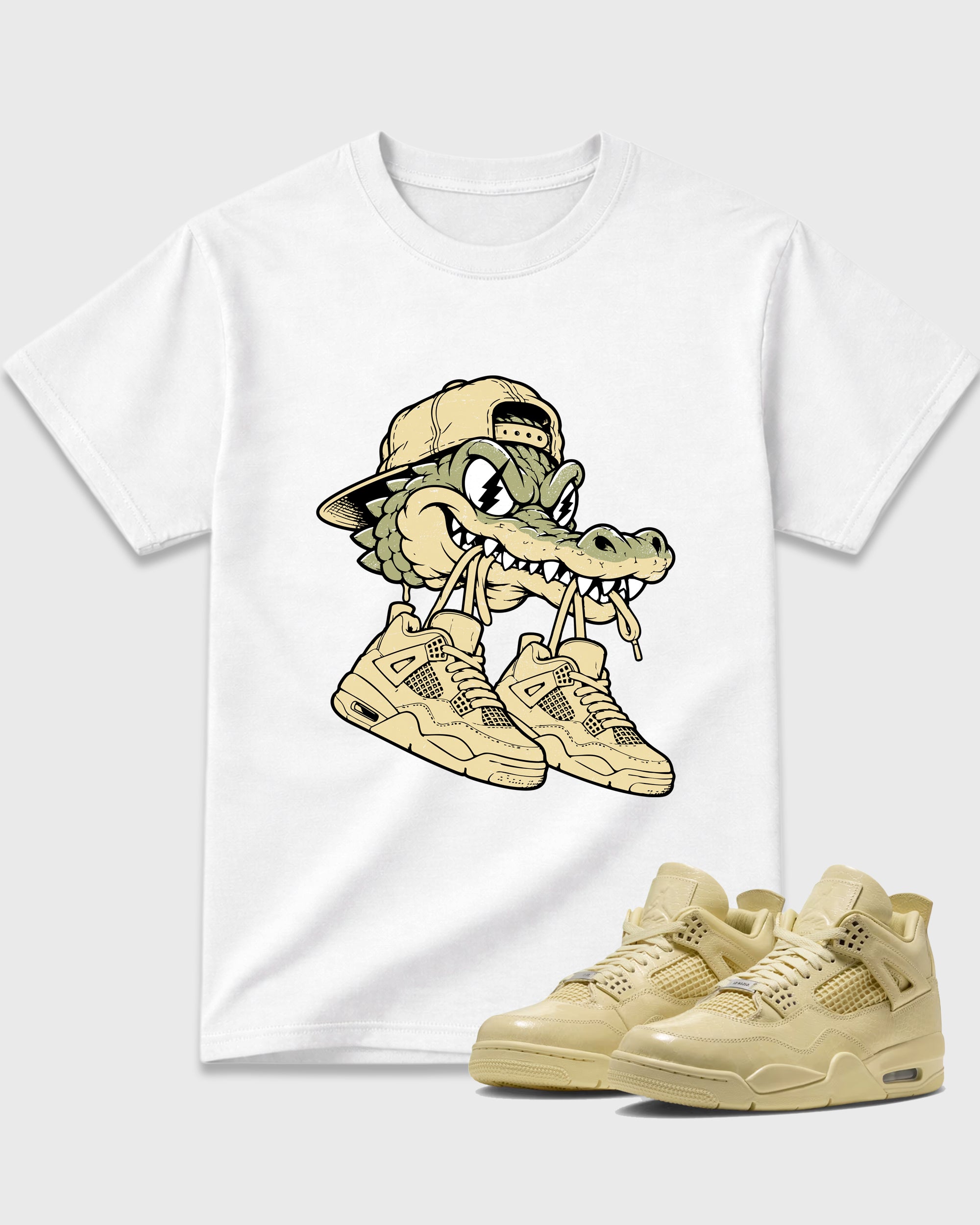 Bite Kicks Graphic T-Shirt featuring original streetwear artwork designed to match the Air Jordan 4 X J Balvin 'Amazonas'. White 1 Graphic T-Shirt.
