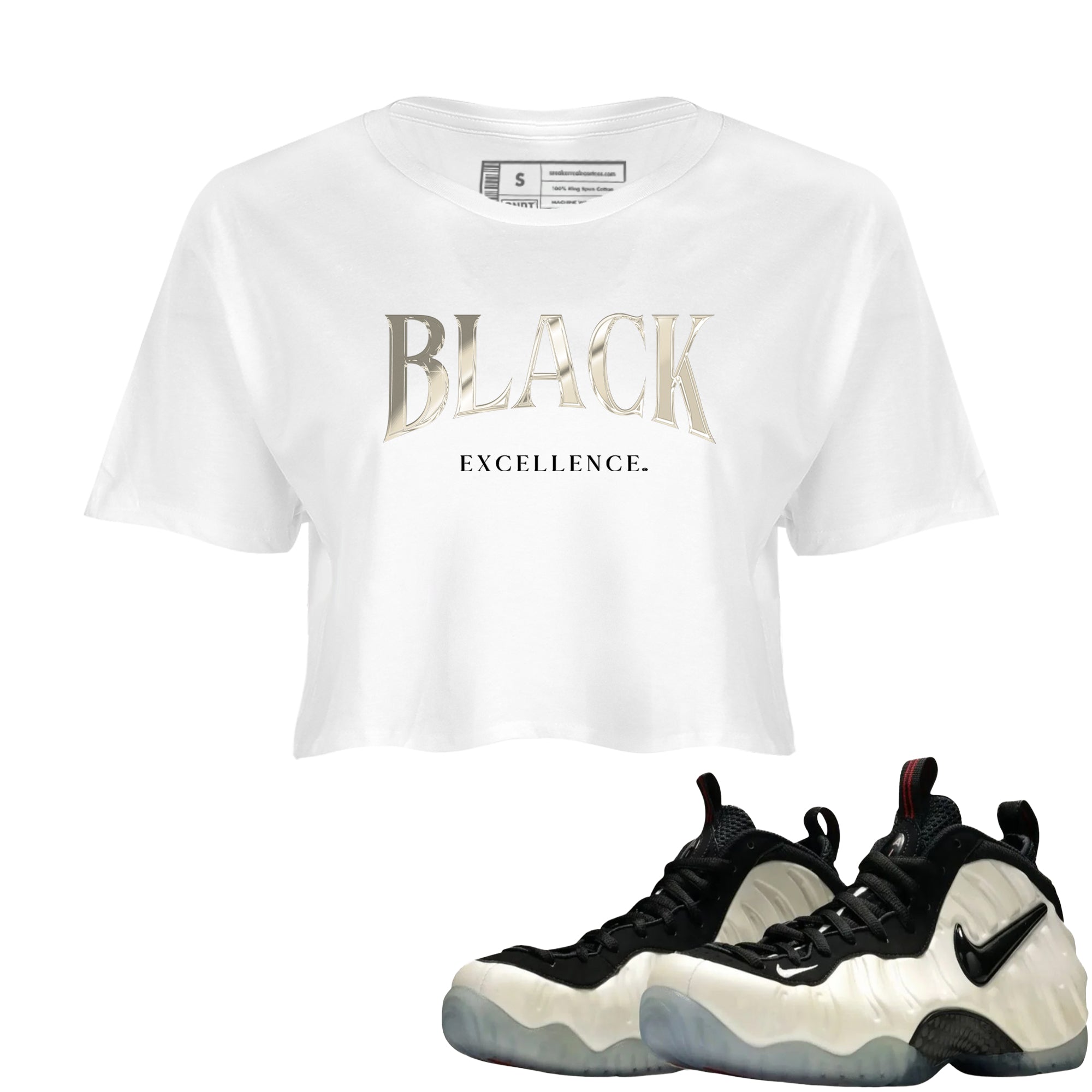 Sneaker Threads – Sneaker Tees To Match Air Foamposite One Pearl – Black Excellence Crop Tee White 1. Perfect for Jordan releases 2025 colorways.
