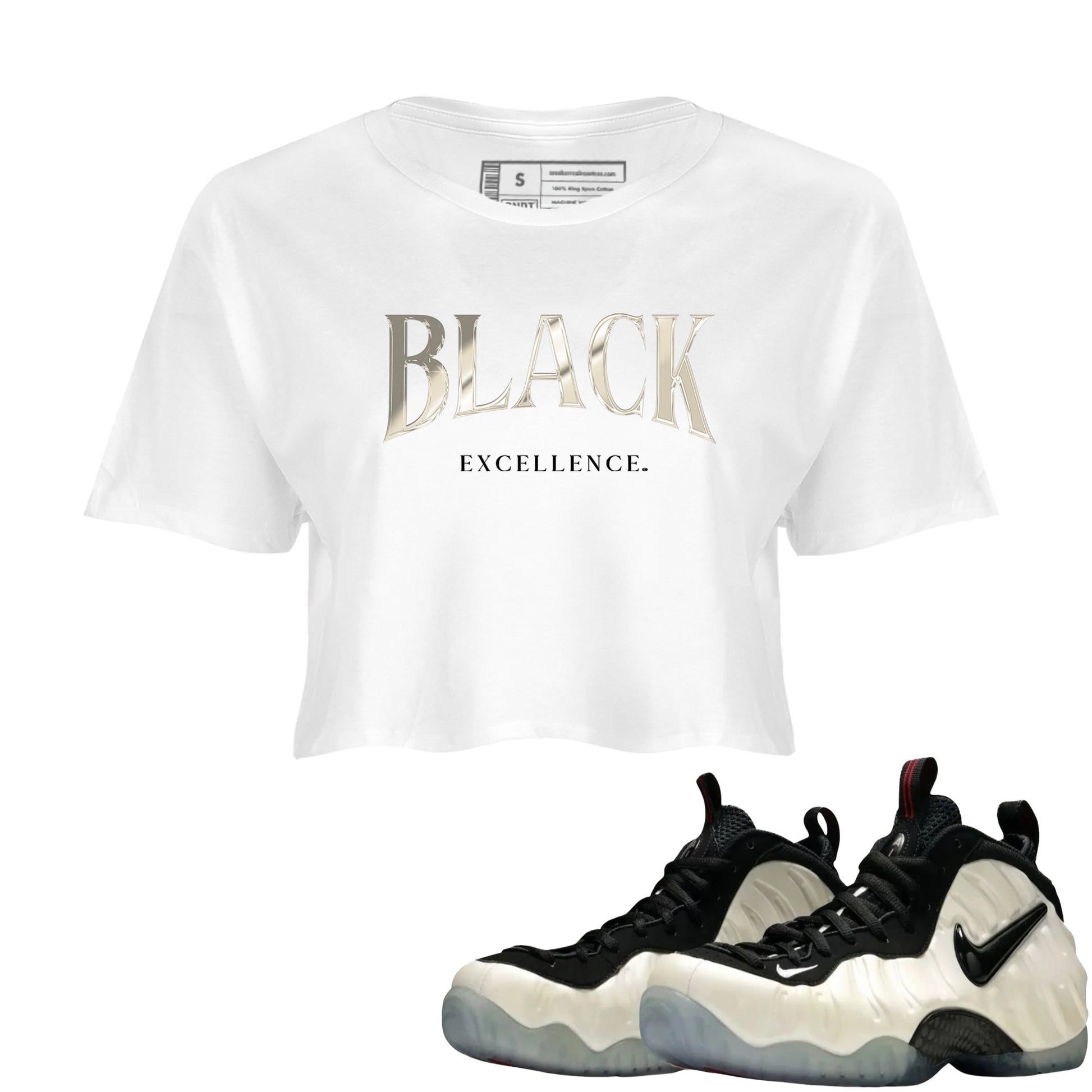 Sneaker Threads – Sneaker Tees To Match Air Foamposite One Pearl – Black Excellence Crop Tee White 1. Perfect for Jordan releases 2025 colorways.