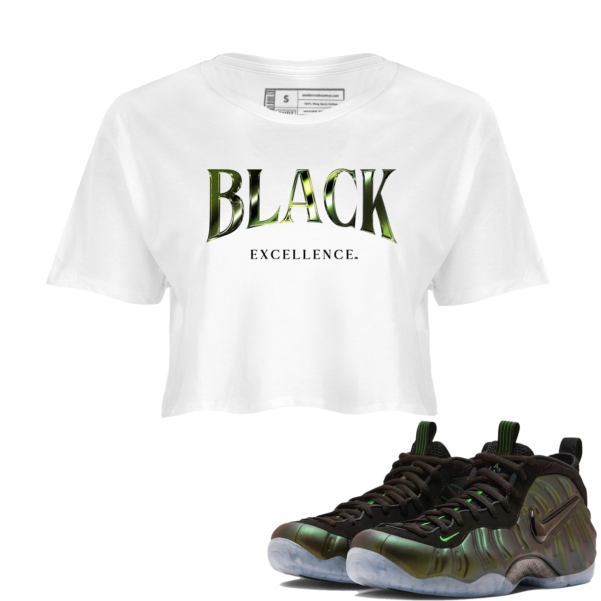 Best Christmas gifts for sneakerheads - Sneaker Tees To Match Air Foamposite One Pine Green Sneakers – Black Excellence Crop T-Shirt White 1